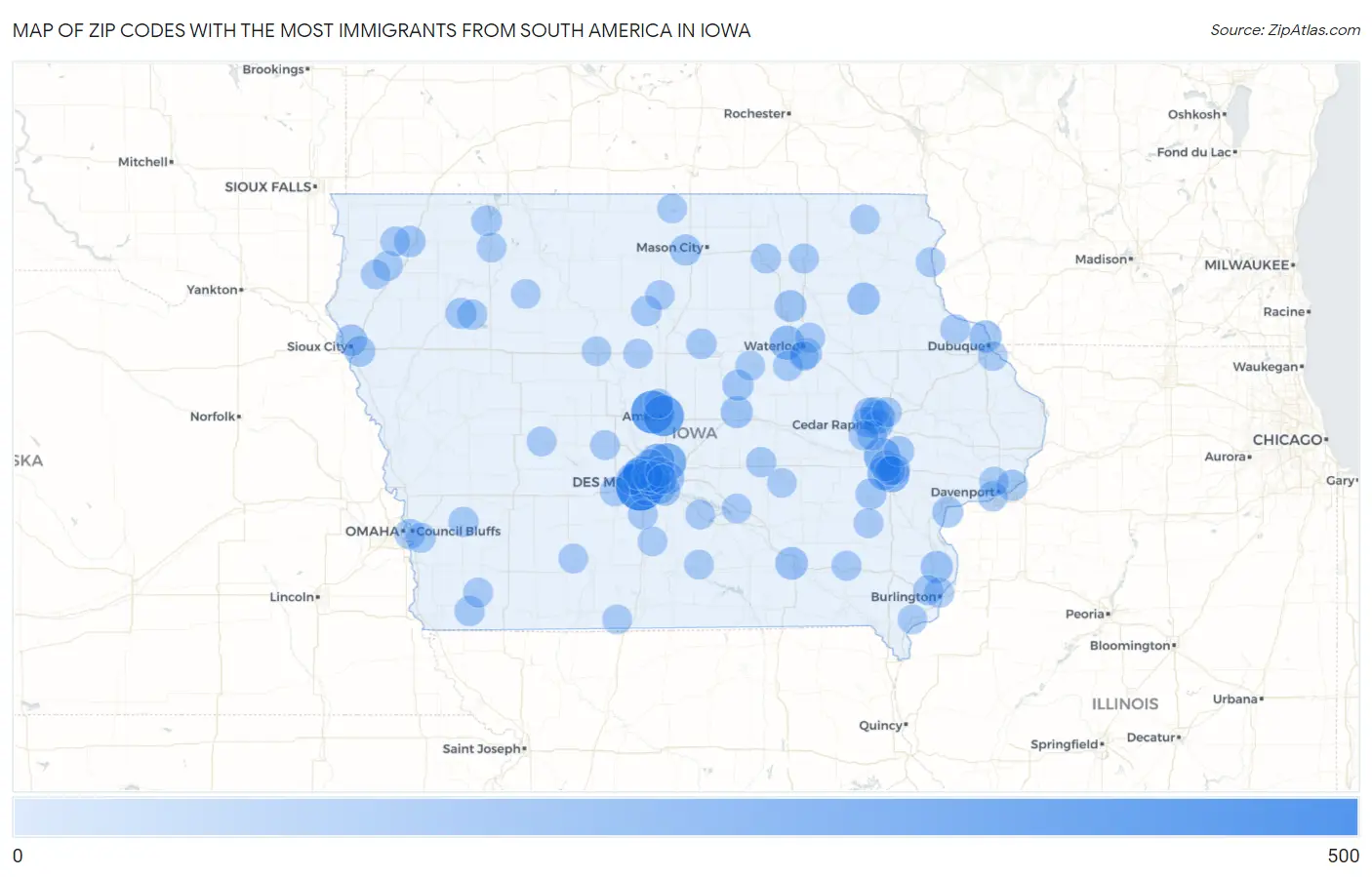 Zip Codes with the Most Immigrants from South America in Iowa Map