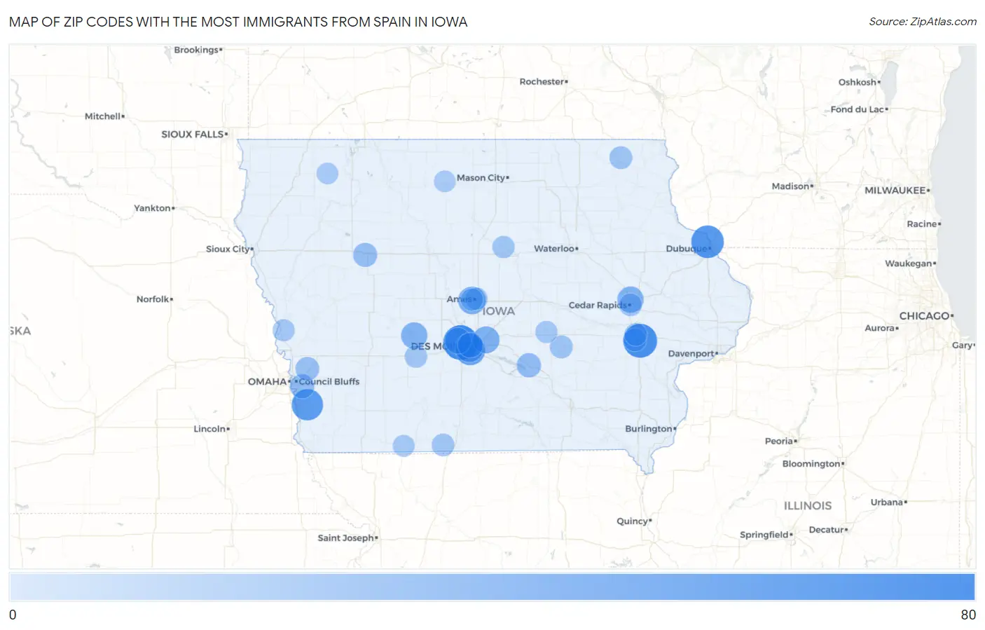Zip Codes with the Most Immigrants from Spain in Iowa Map