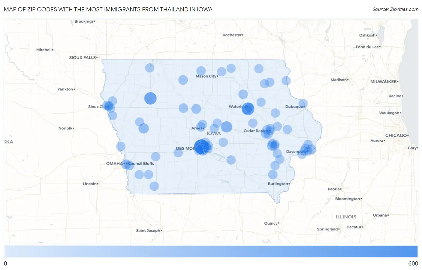 Zip Codes with the Most Immigrants from Thailand in Iowa Map