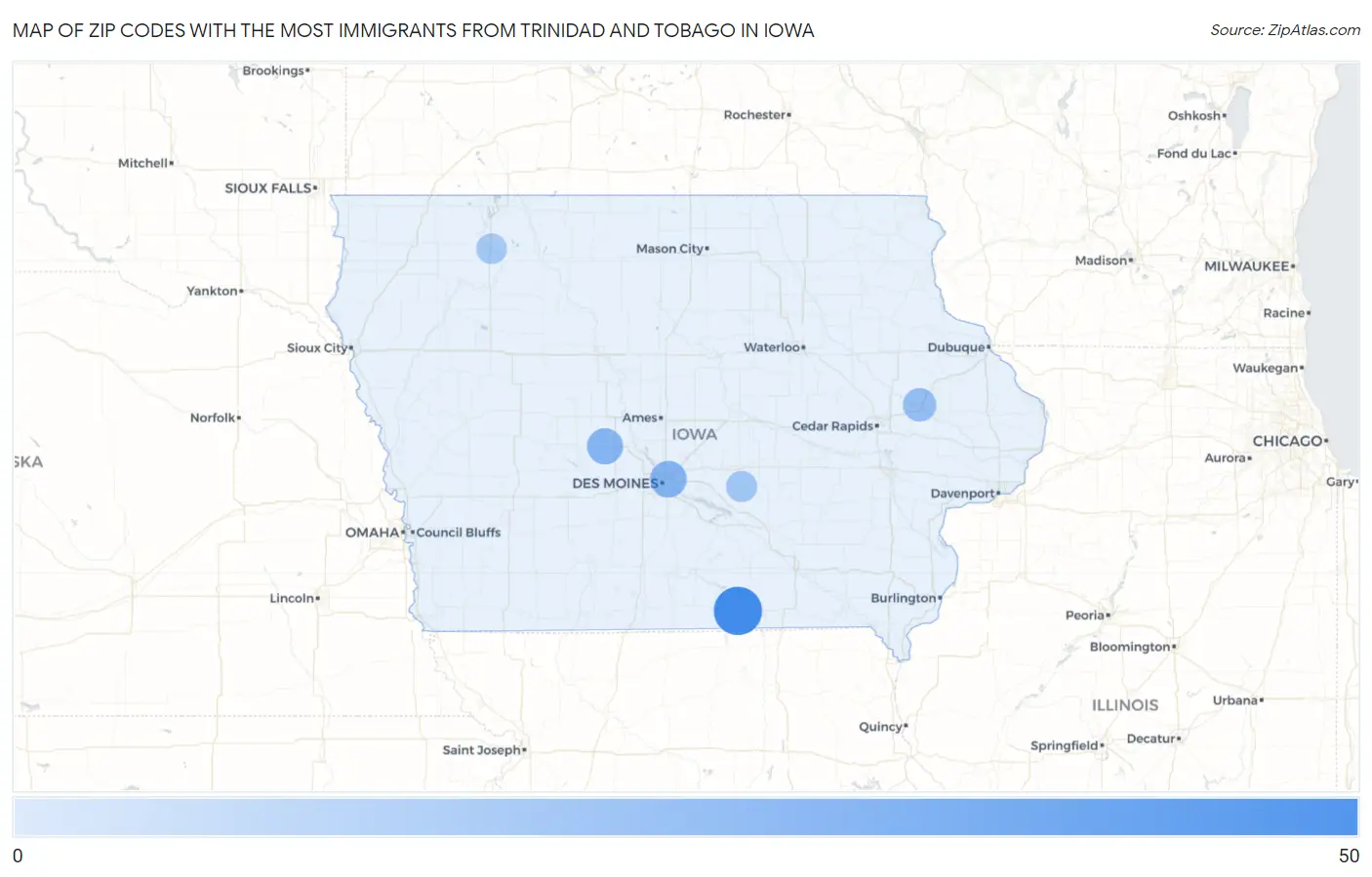 Zip Codes with the Most Immigrants from Trinidad and Tobago in Iowa Map