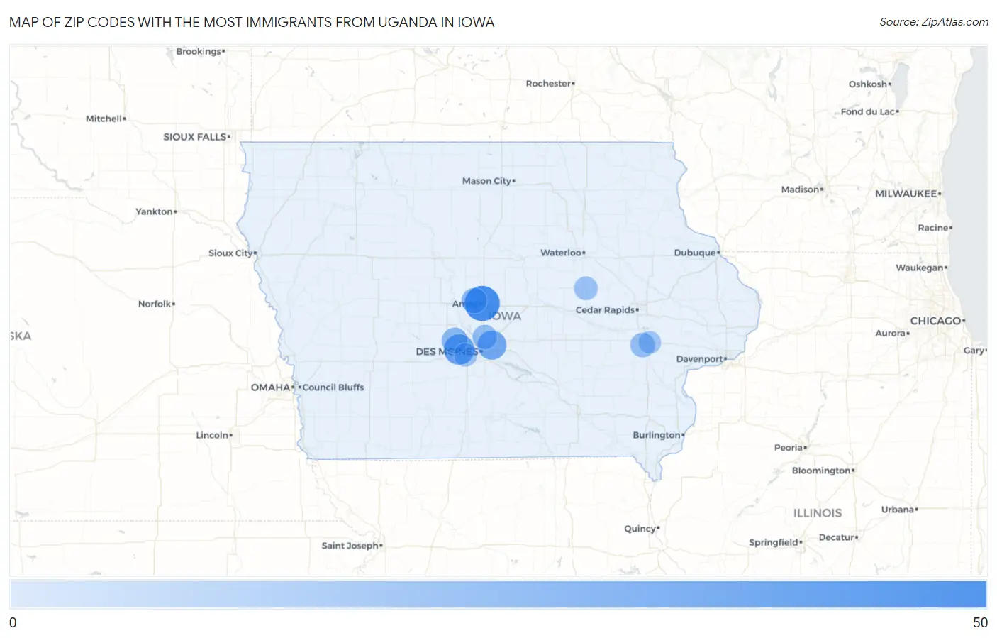 Zip Codes with the Most Immigrants from Uganda in Iowa Map