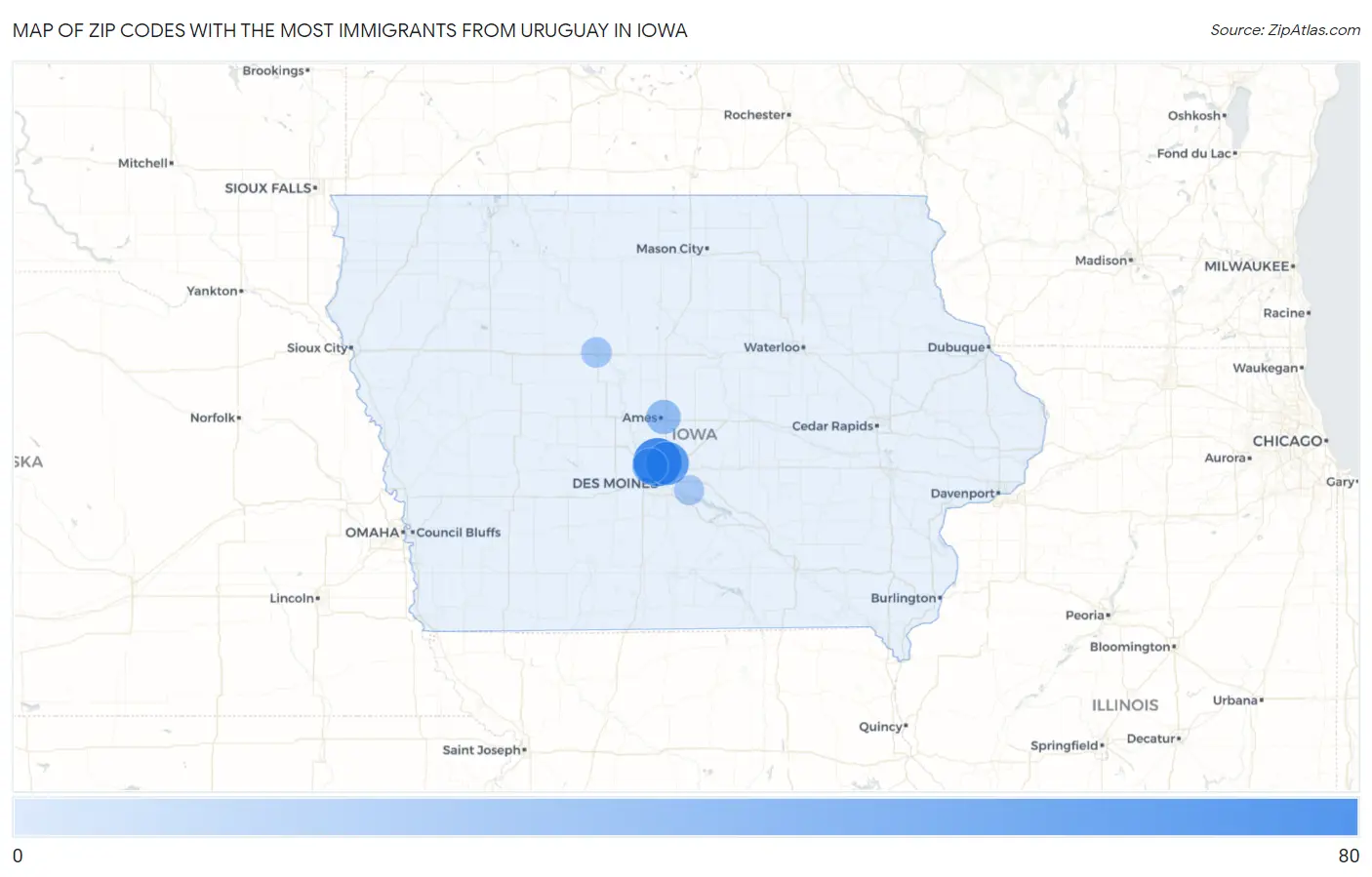 Zip Codes with the Most Immigrants from Uruguay in Iowa Map