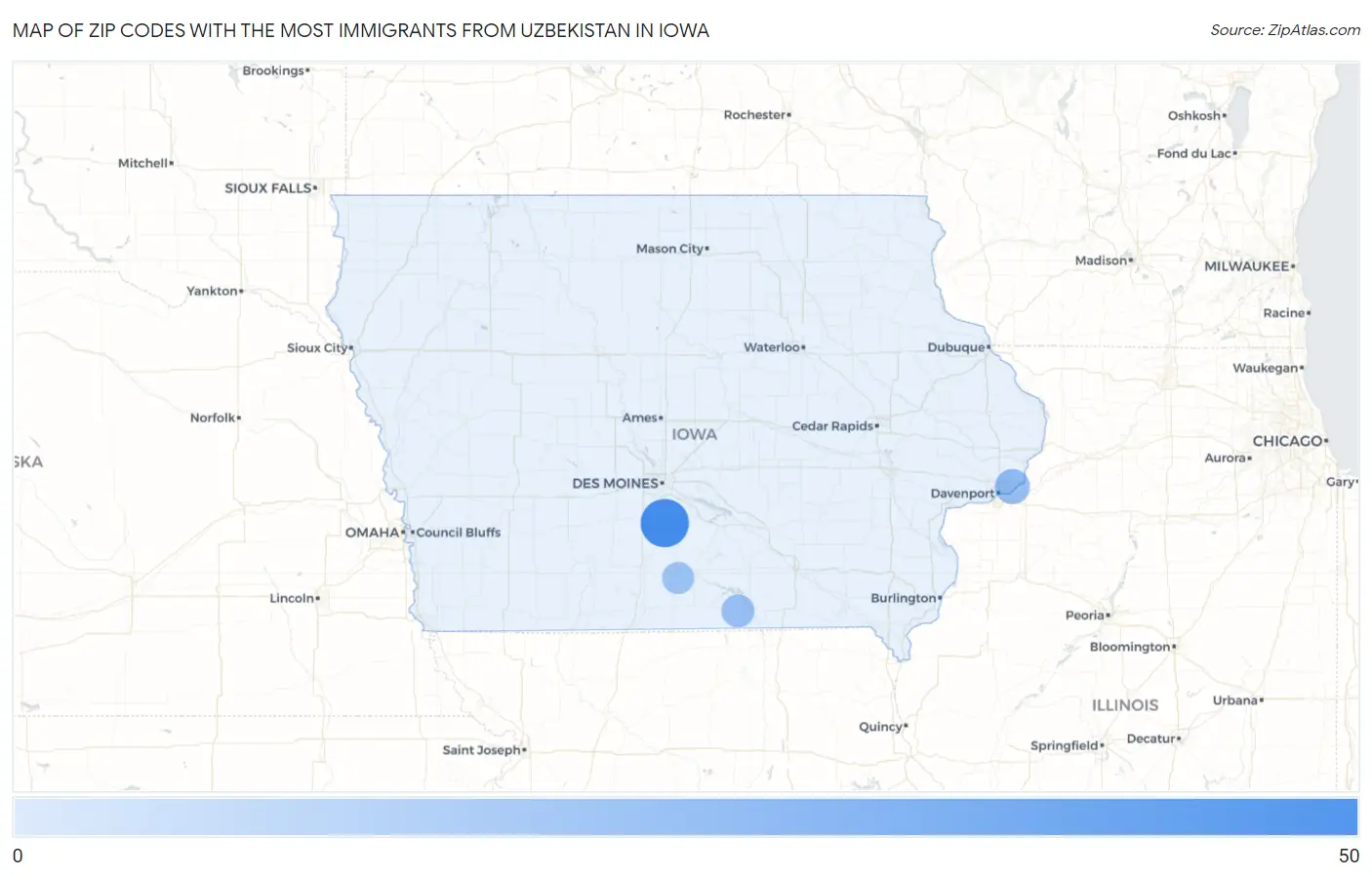 Zip Codes with the Most Immigrants from Uzbekistan in Iowa Map