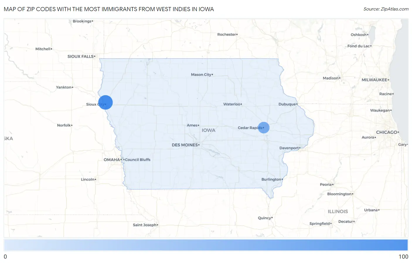 Zip Codes with the Most Immigrants from West Indies in Iowa Map