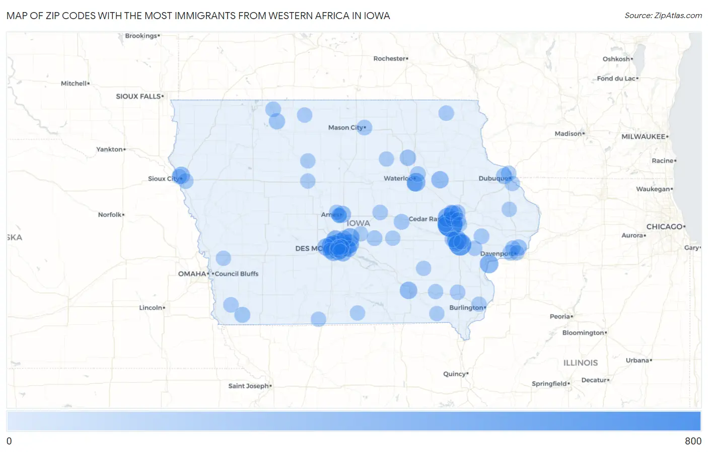 Zip Codes with the Most Immigrants from Western Africa in Iowa Map