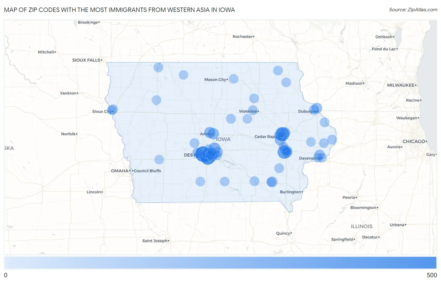 Zip Codes with the Most Immigrants from Western Asia in Iowa Map