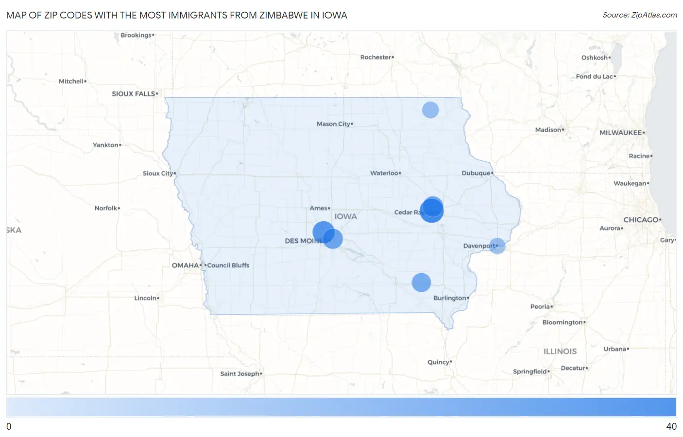 Zip Codes with the Most Immigrants from Zimbabwe in Iowa Map
