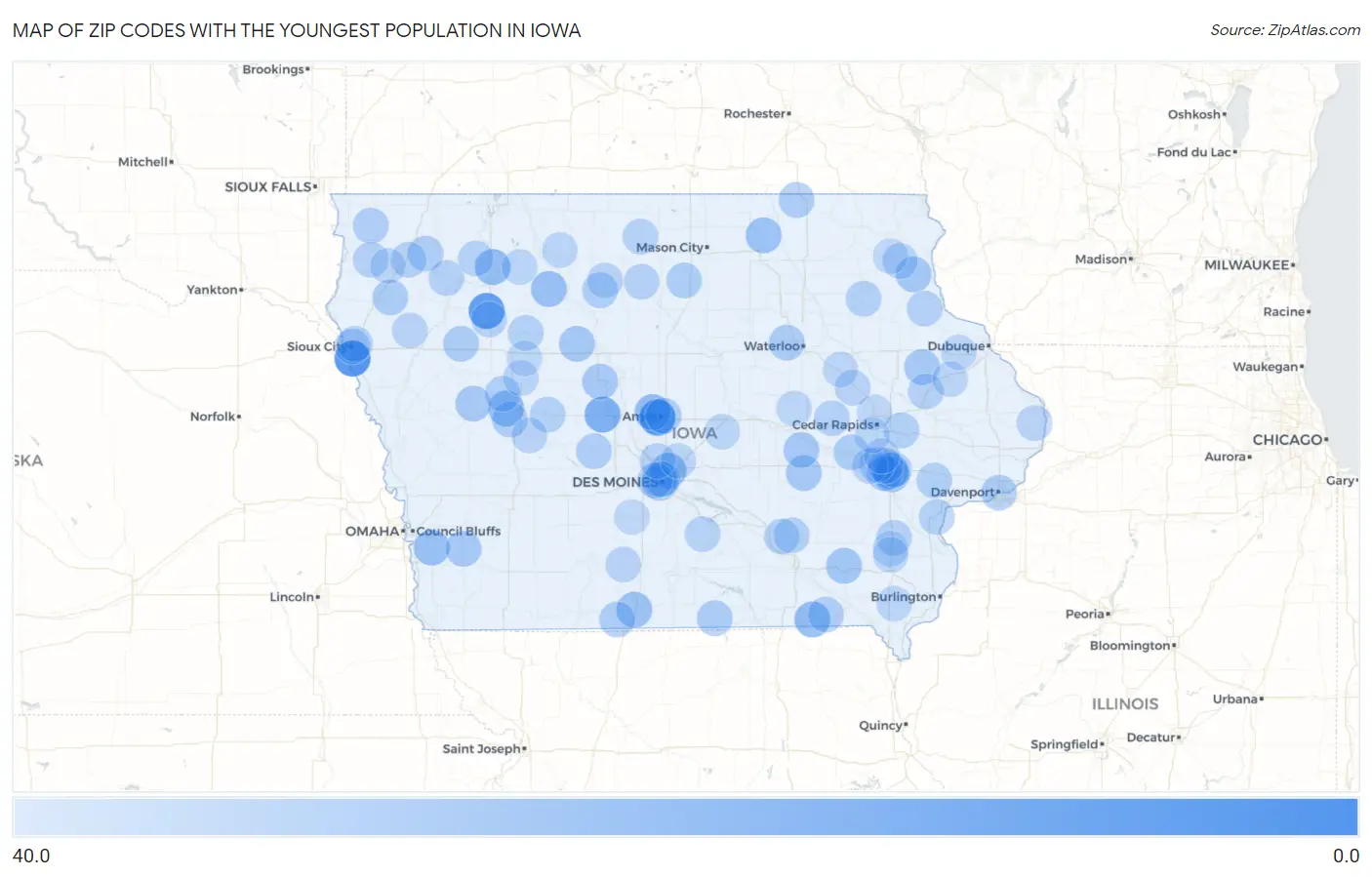 Zip Codes with the Youngest Population in Iowa Map