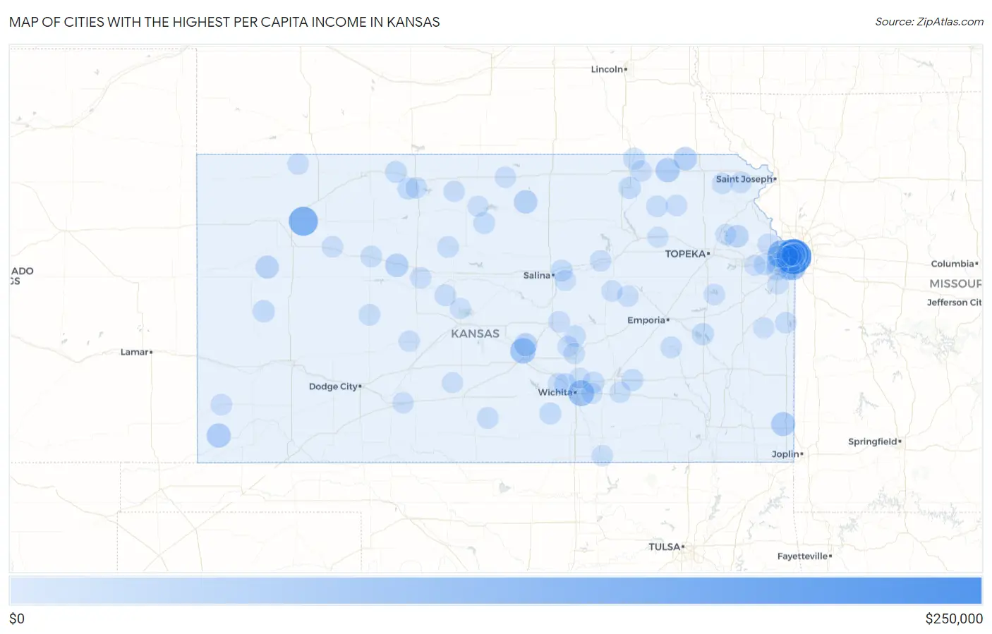 Cities with the Highest Per Capita Income in Kansas Map
