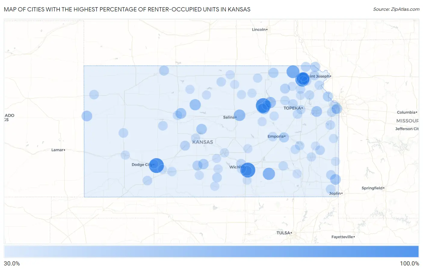 Cities with the Highest Percentage of Renter-Occupied Units in Kansas Map