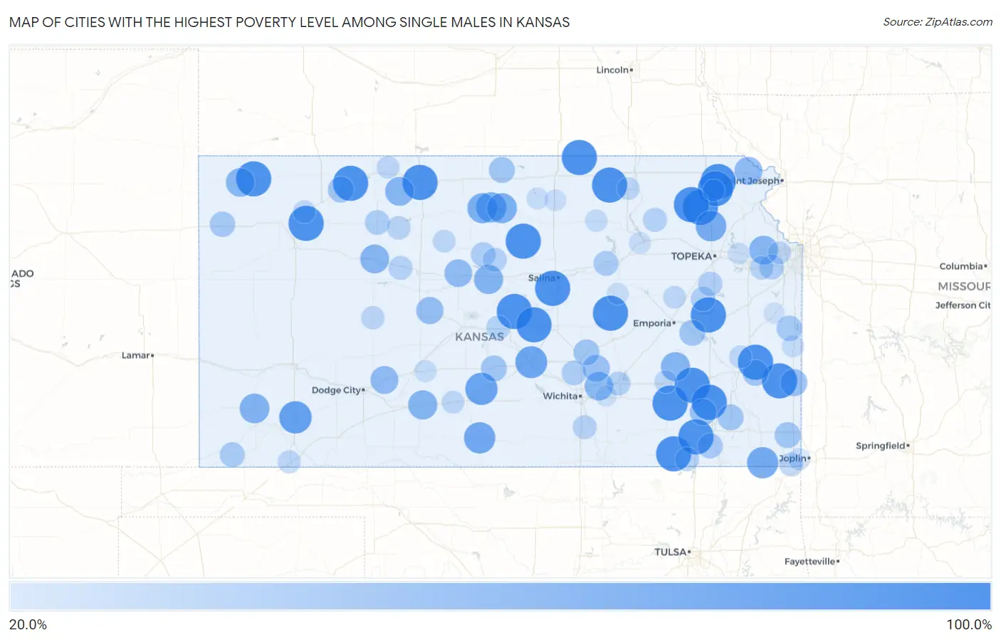 Cities with the Highest Poverty Level Among Single Males in Kansas Map