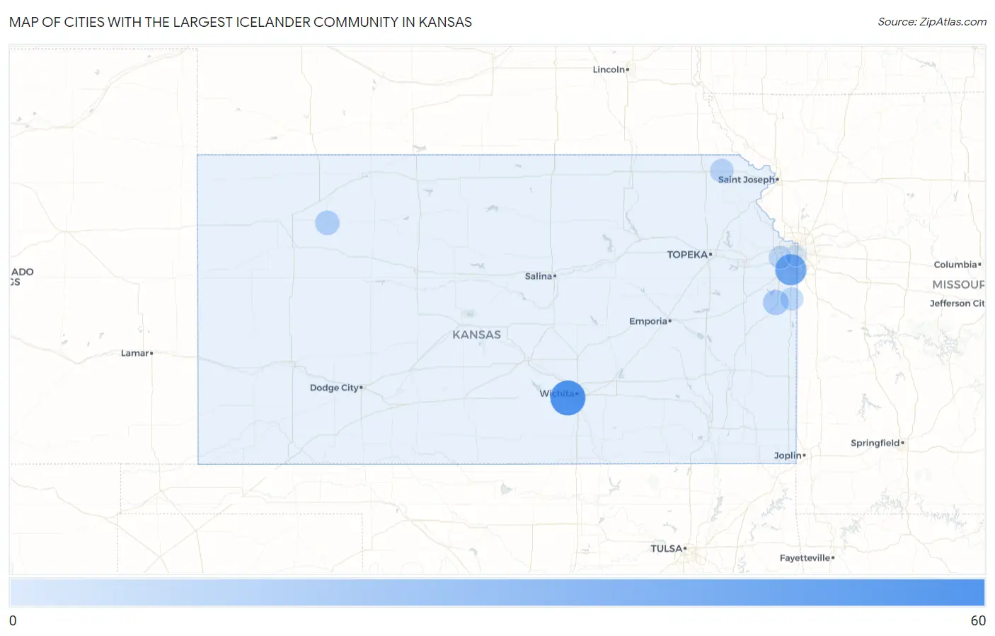 Cities with the Largest Icelander Community in Kansas Map