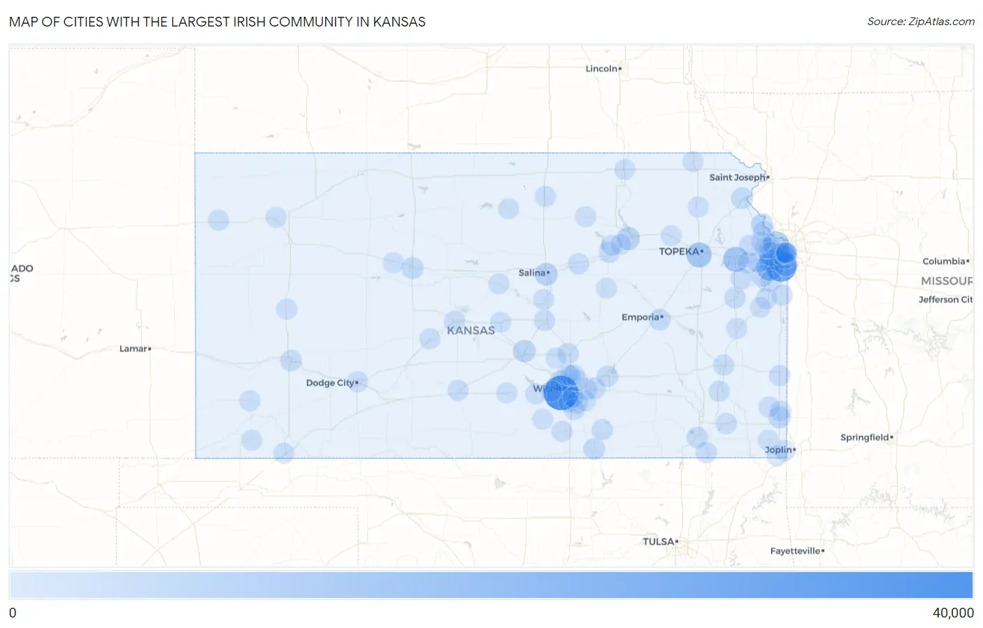 Cities with the Largest Irish Community in Kansas Map