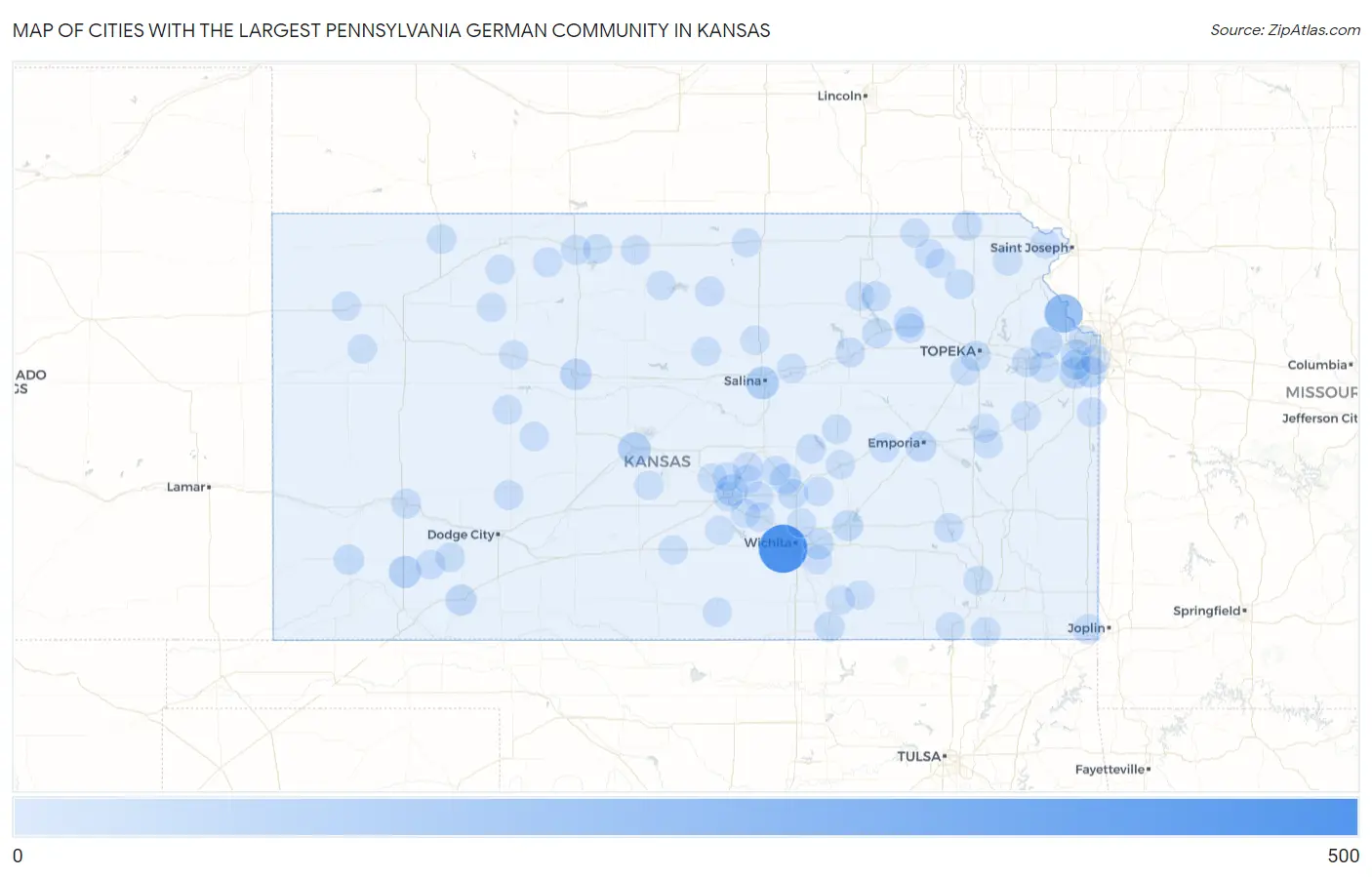 Cities with the Largest Pennsylvania German Community in Kansas Map