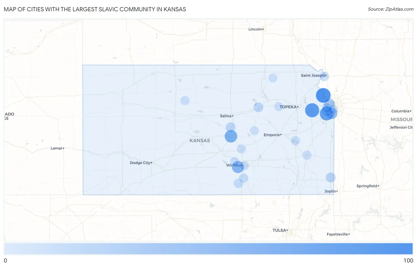 Cities with the Largest Slavic Community in Kansas Map