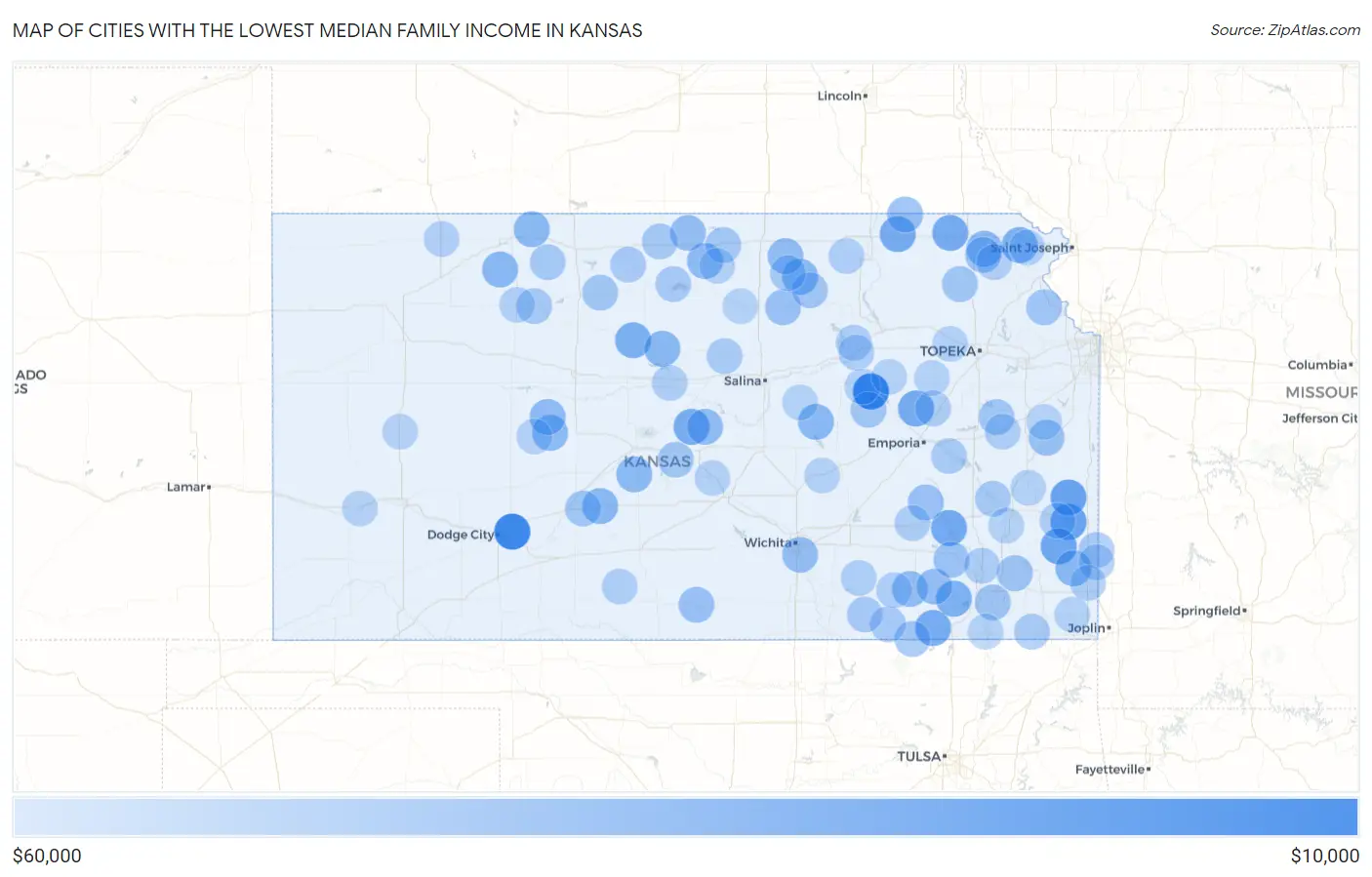 Cities with the Lowest Median Family Income in Kansas Map
