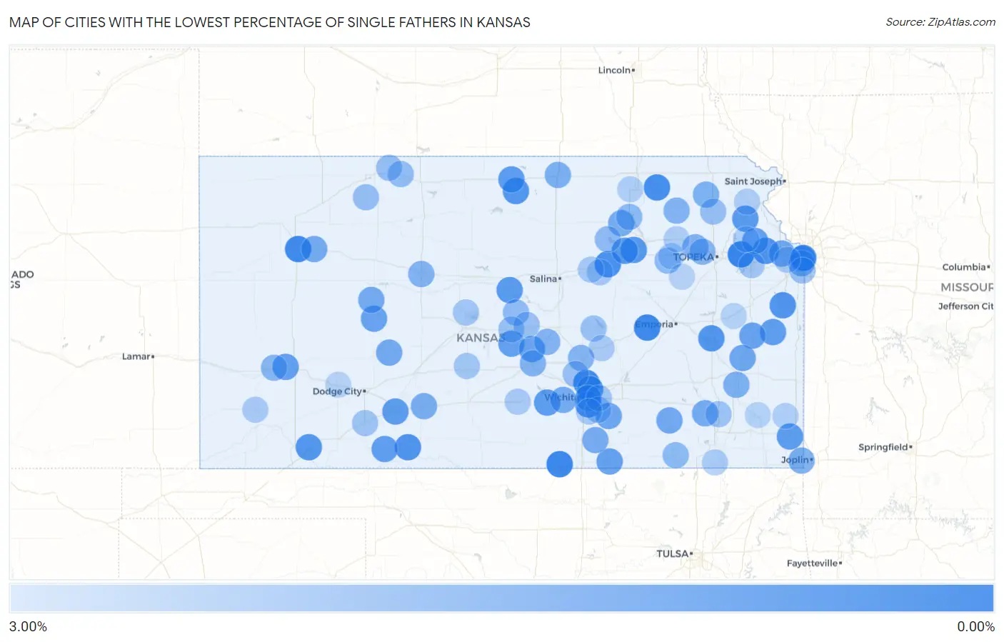 Cities with the Lowest Percentage of Single Fathers in Kansas Map