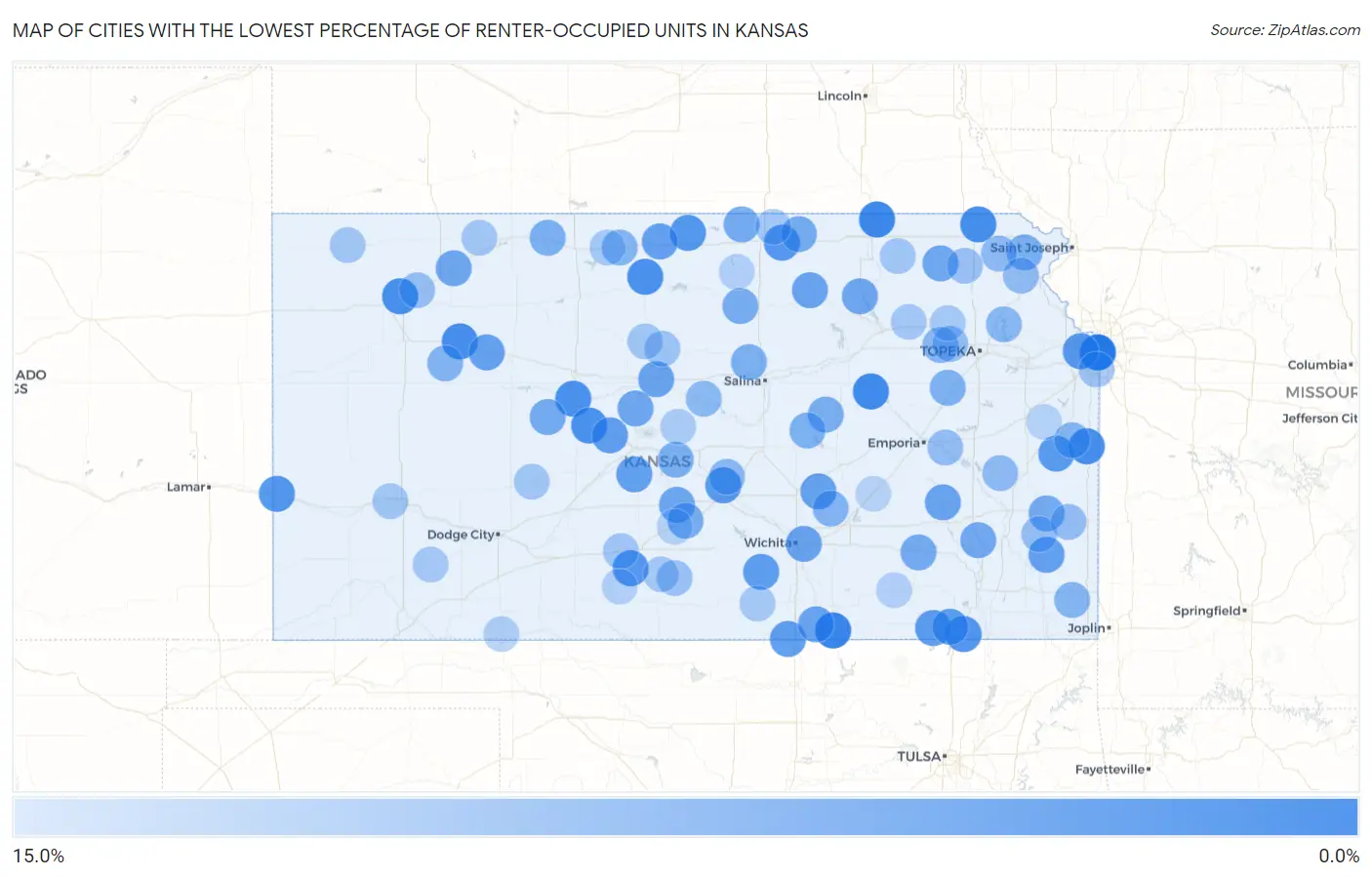 Cities with the Lowest Percentage of Renter-Occupied Units in Kansas Map
