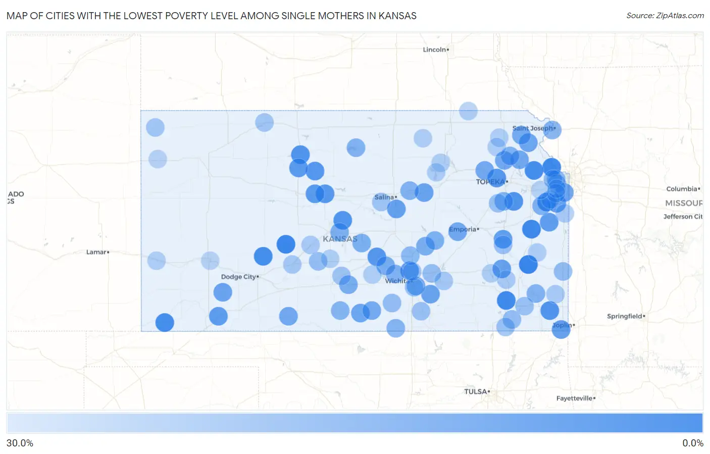 Cities with the Lowest Poverty Level Among Single Mothers in Kansas Map