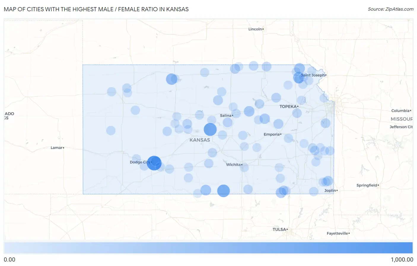 Cities with the Highest Male / Female Ratio in Kansas Map