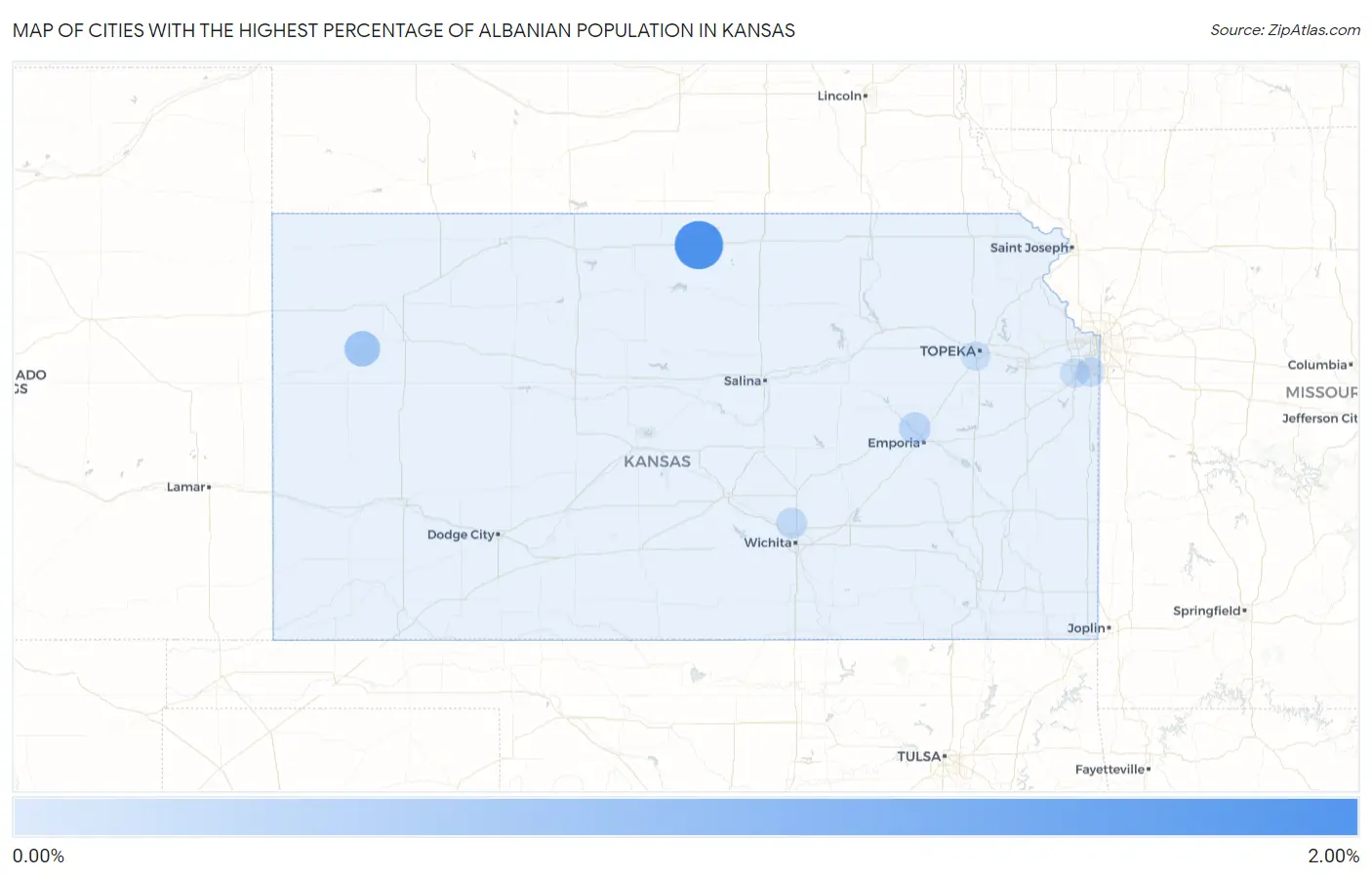 Cities with the Highest Percentage of Albanian Population in Kansas Map