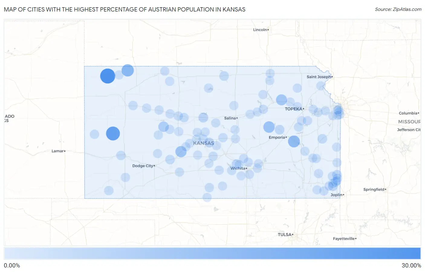 Cities with the Highest Percentage of Austrian Population in Kansas Map
