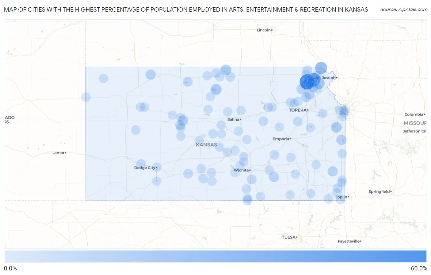 Cities with the Highest Percentage of Population Employed in Arts, Entertainment & Recreation in Kansas Map