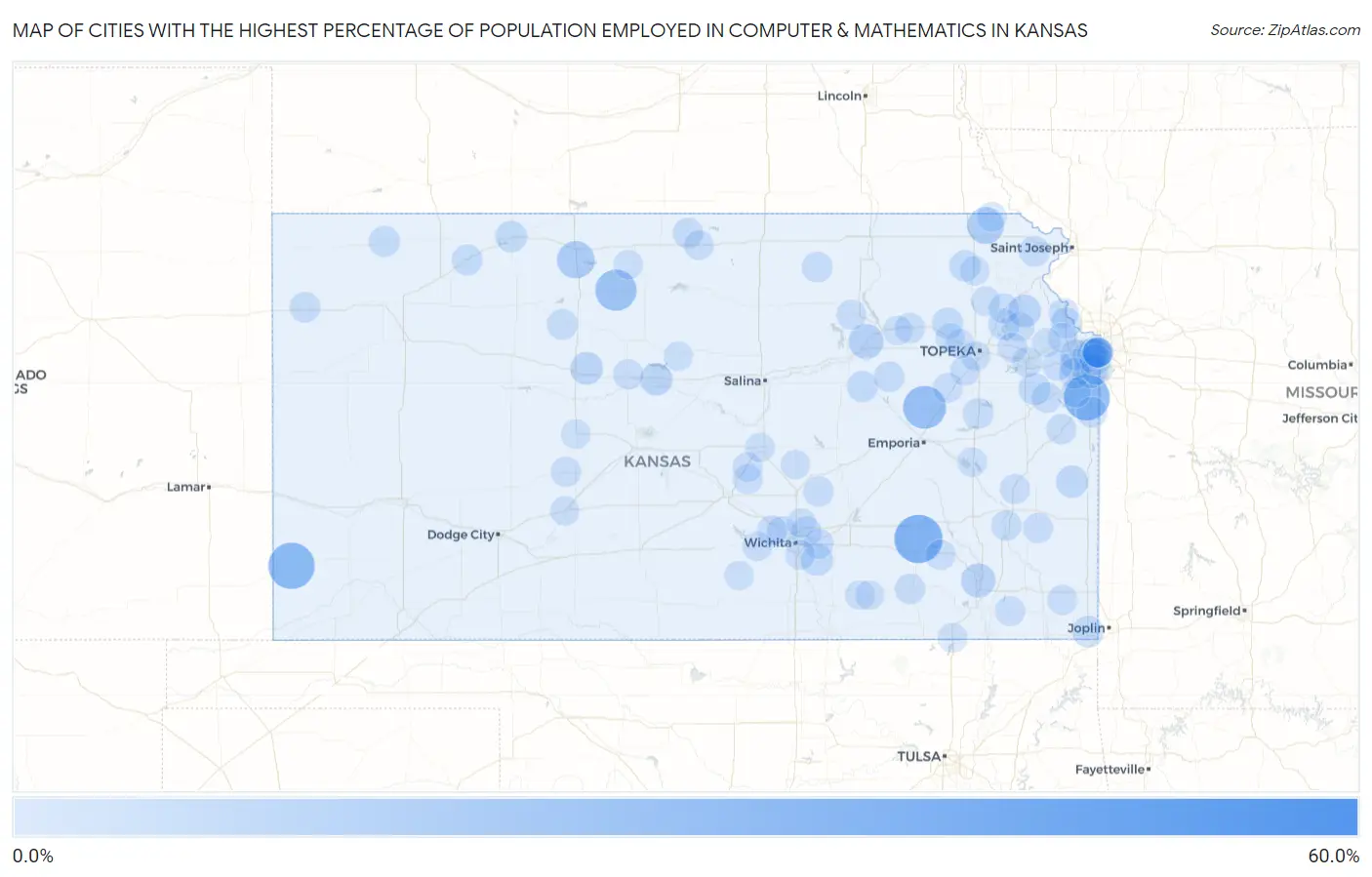 Cities with the Highest Percentage of Population Employed in Computer & Mathematics in Kansas Map