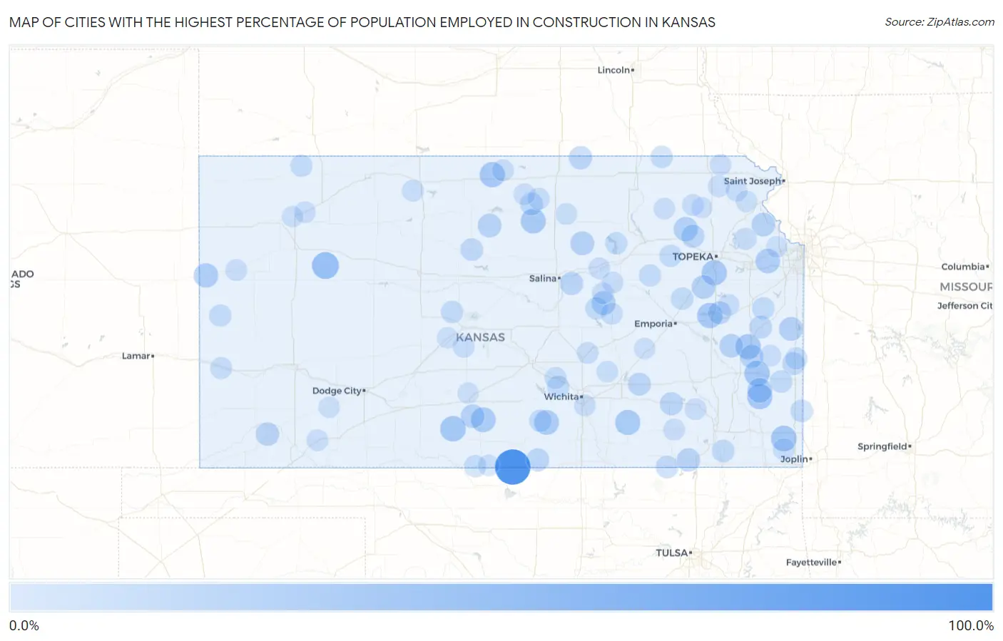 Cities with the Highest Percentage of Population Employed in Construction in Kansas Map