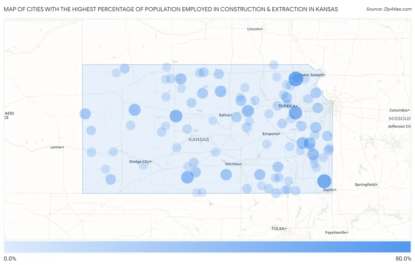 Cities with the Highest Percentage of Population Employed in Construction & Extraction in Kansas Map