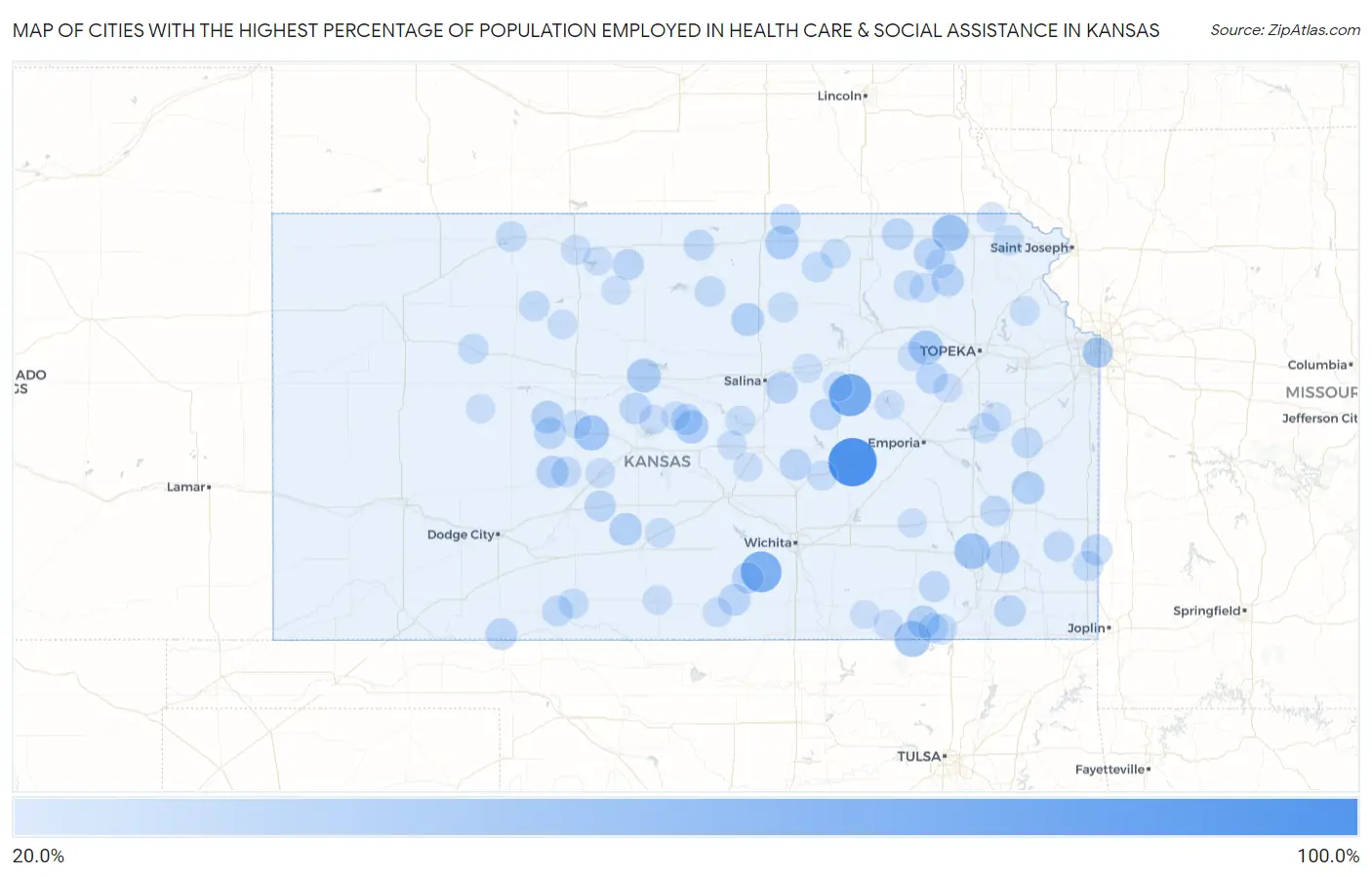 Cities with the Highest Percentage of Population Employed in Health Care & Social Assistance in Kansas Map