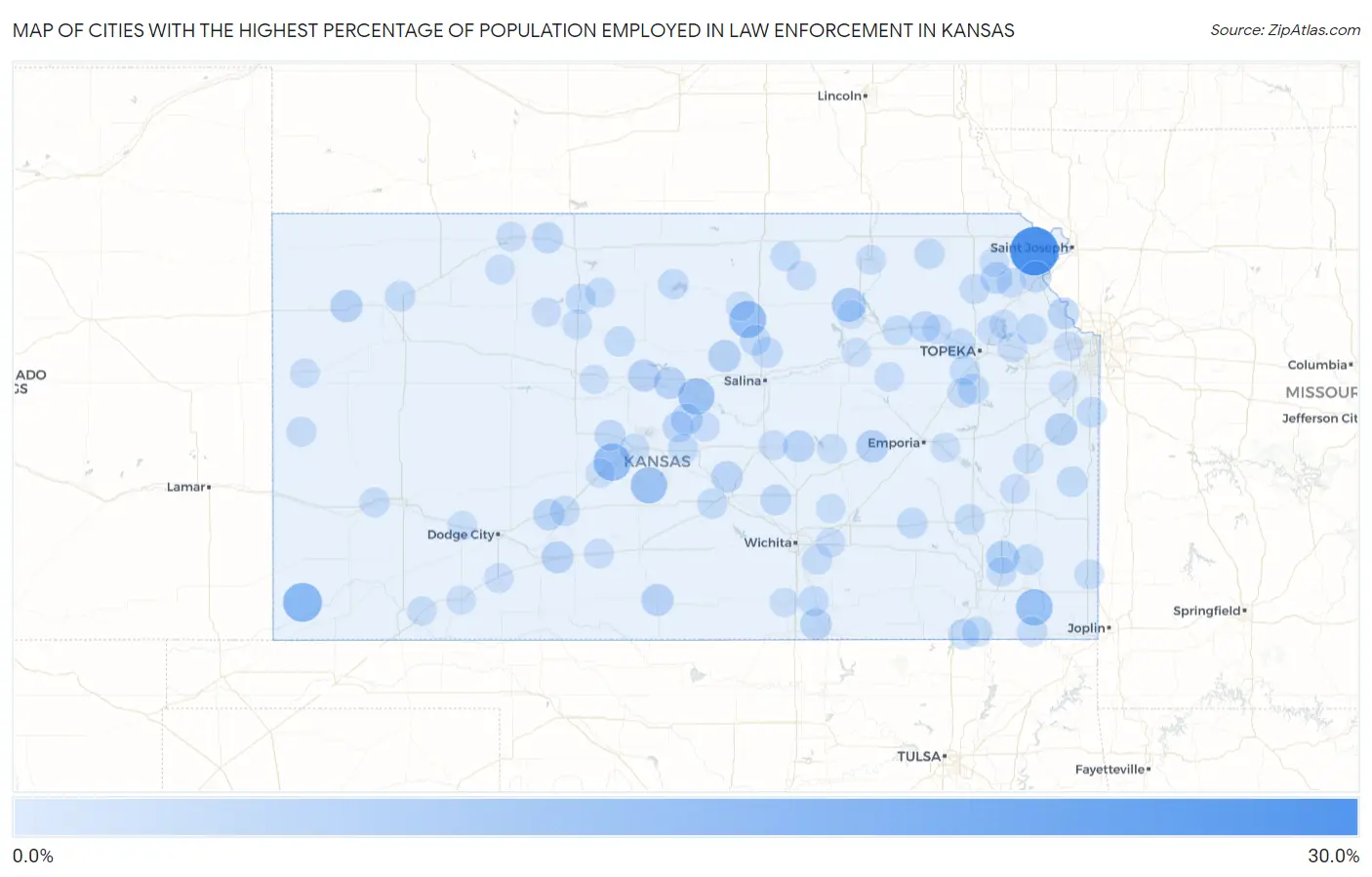 Cities with the Highest Percentage of Population Employed in Law Enforcement in Kansas Map