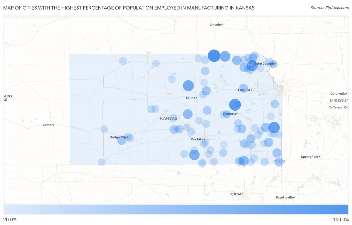 Cities with the Highest Percentage of Population Employed in Manufacturing in Kansas Map