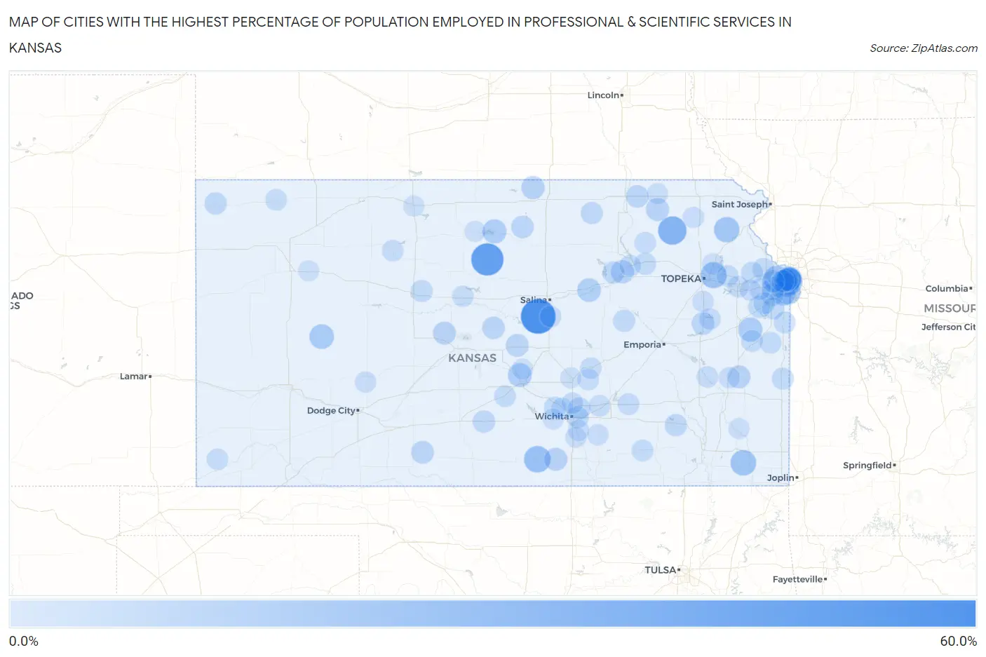 Cities with the Highest Percentage of Population Employed in Professional & Scientific Services in Kansas Map
