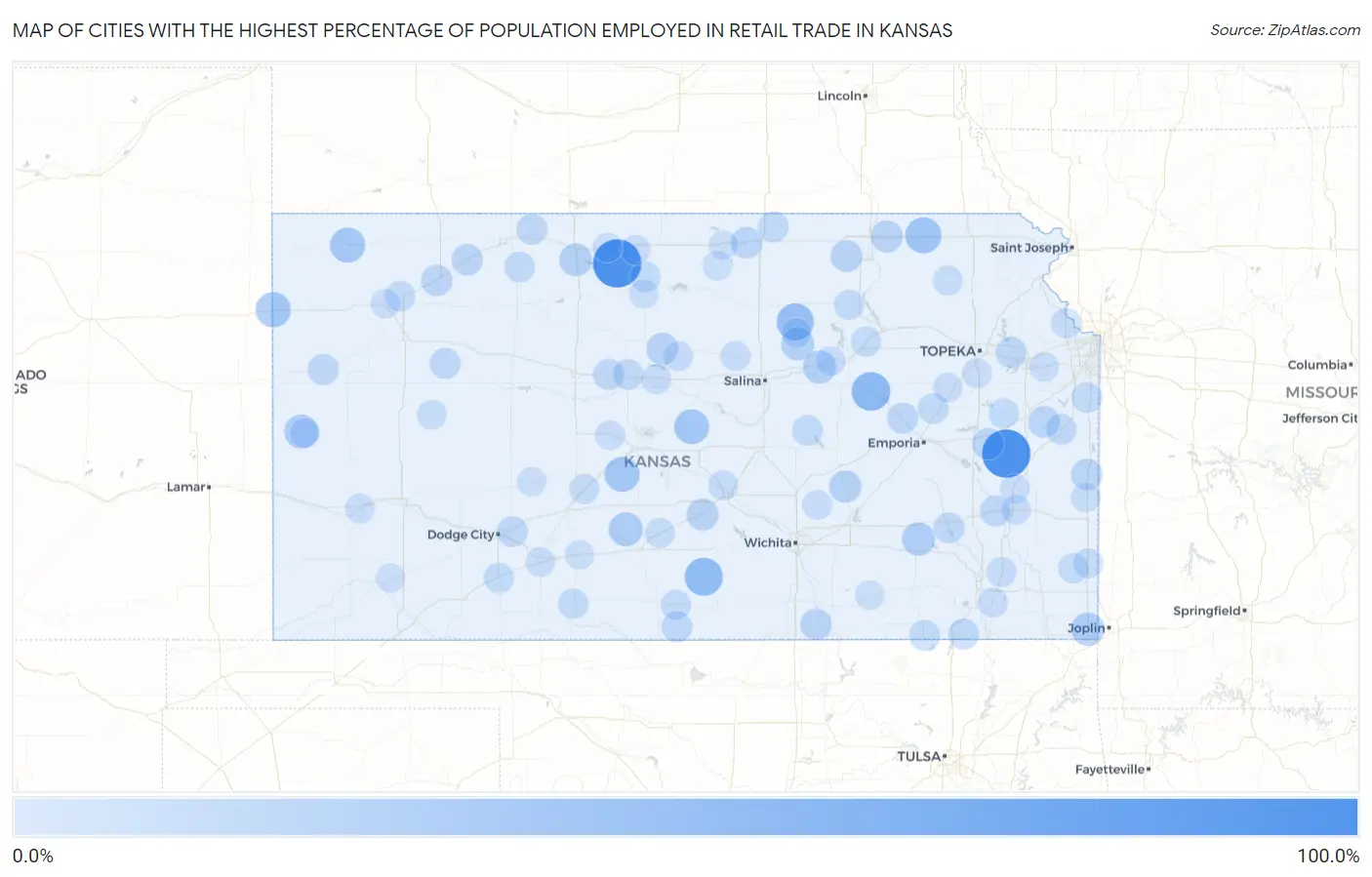 Cities with the Highest Percentage of Population Employed in Retail Trade in Kansas Map