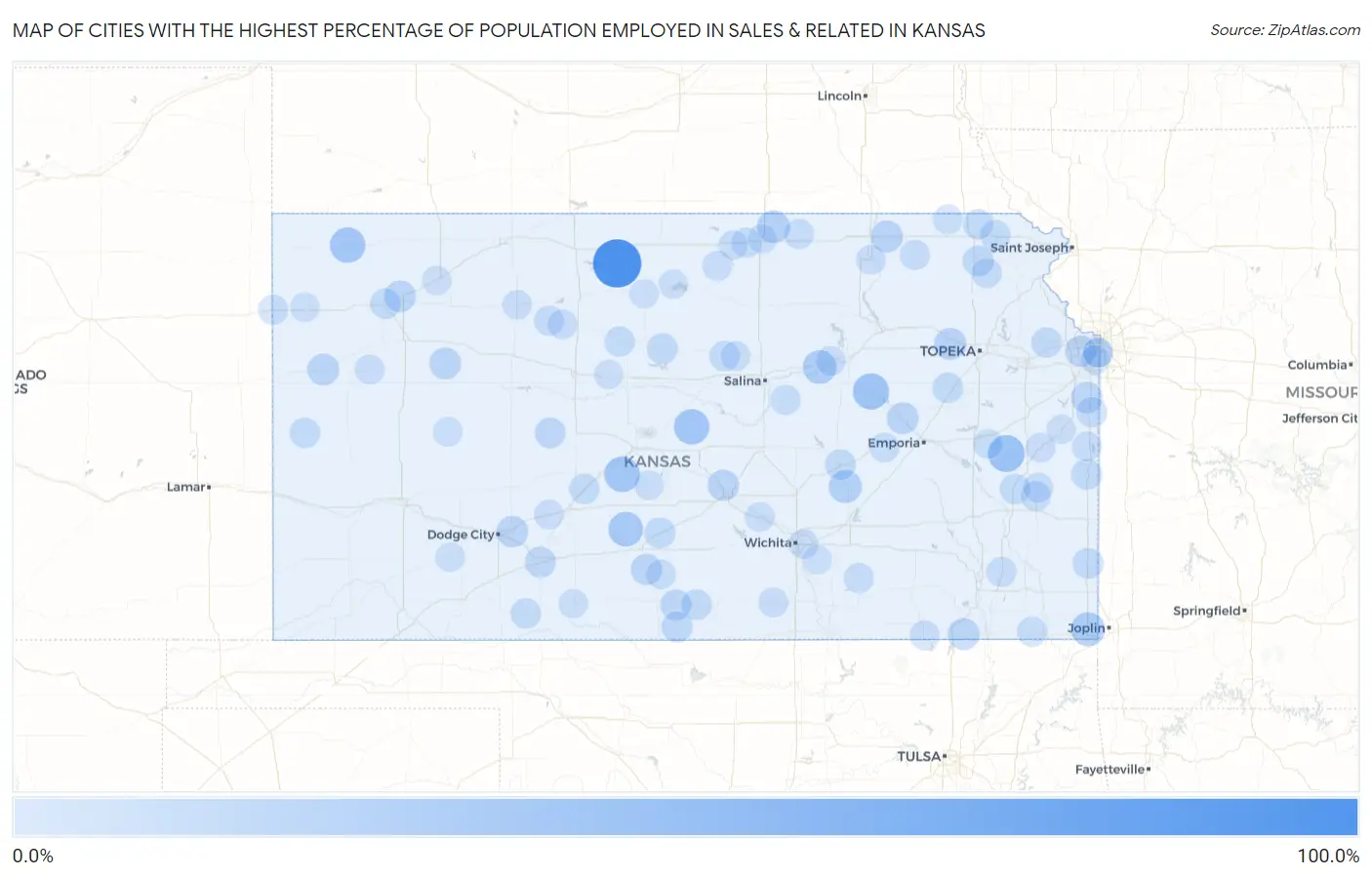 Cities with the Highest Percentage of Population Employed in Sales & Related in Kansas Map