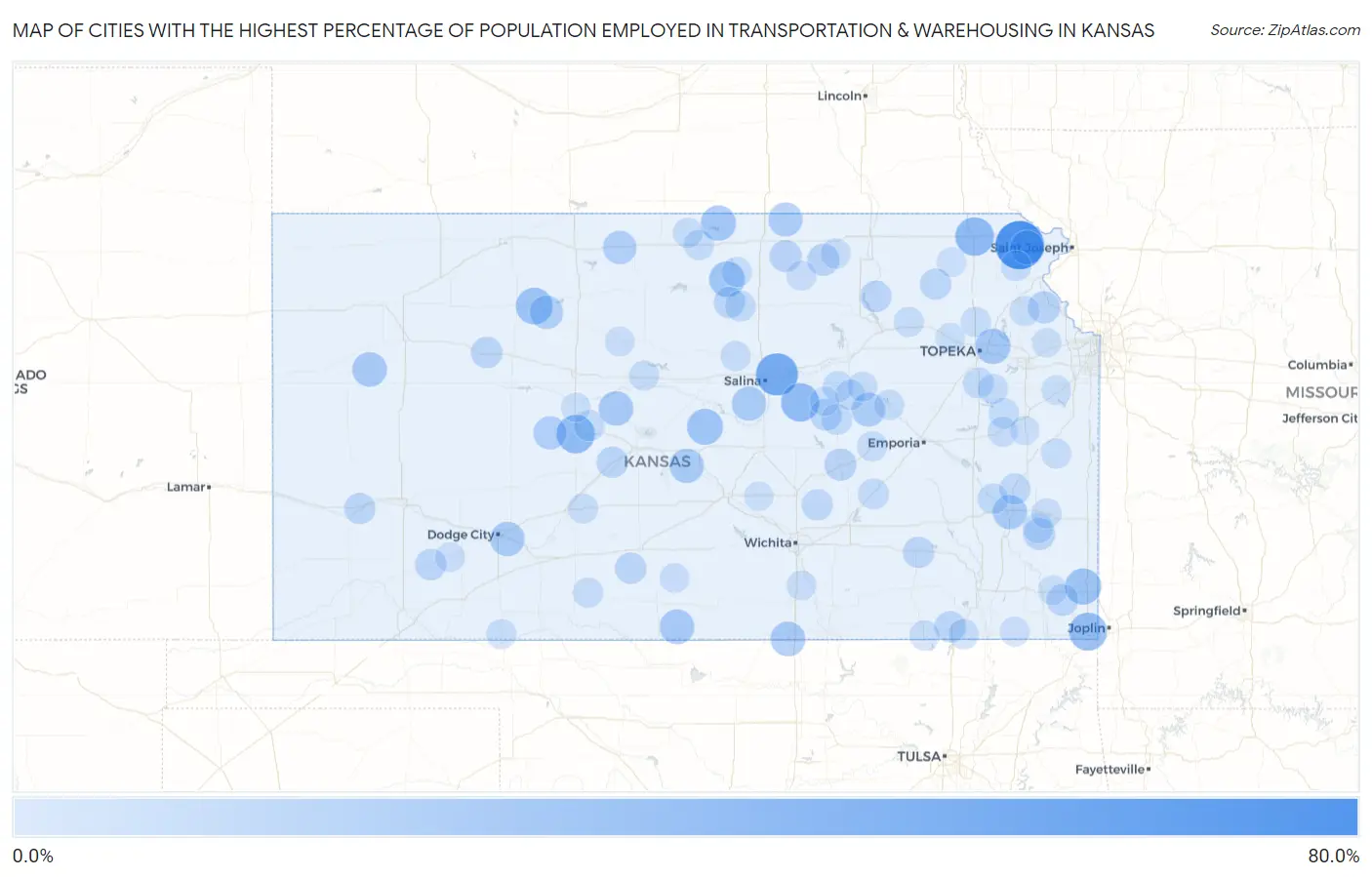 Cities with the Highest Percentage of Population Employed in Transportation & Warehousing in Kansas Map