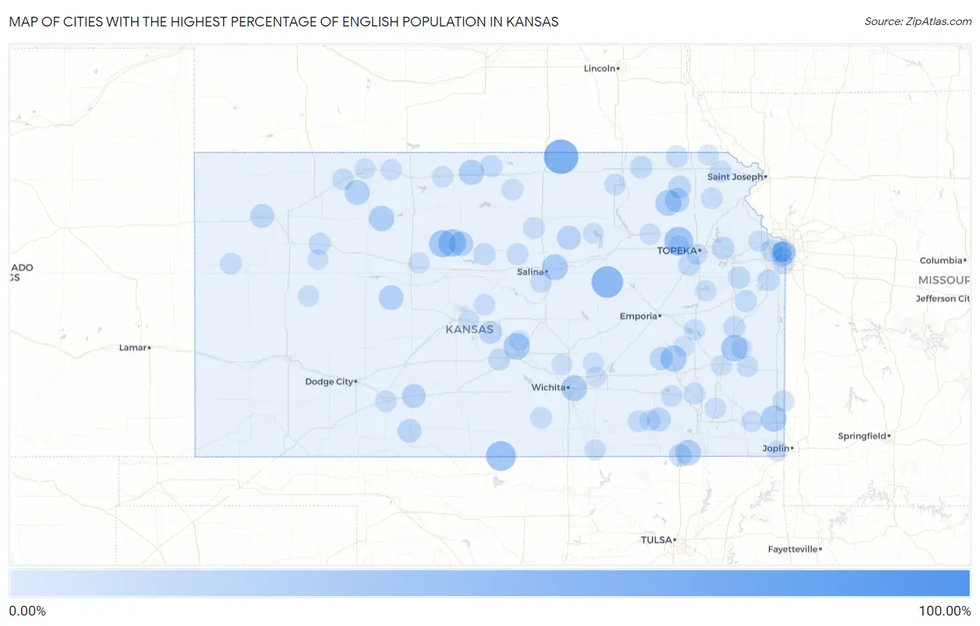 Cities with the Highest Percentage of English Population in Kansas Map