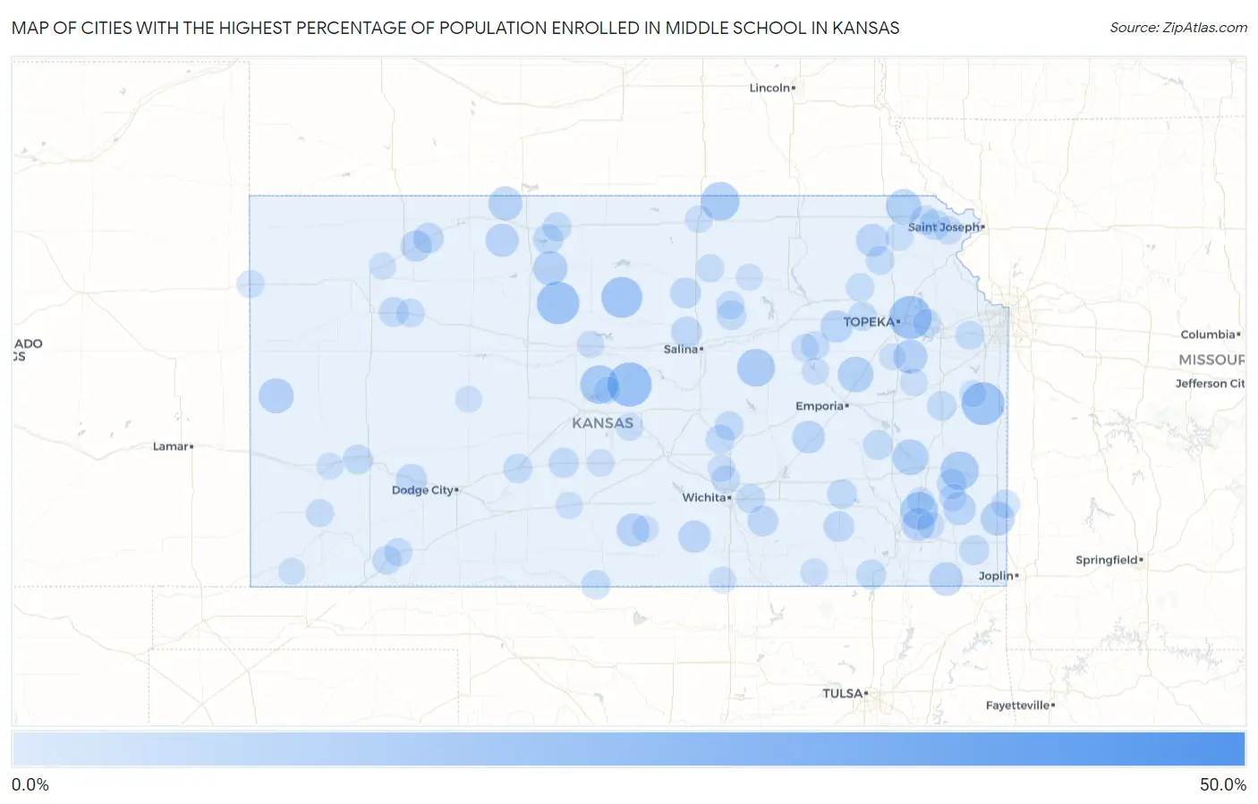 Cities with the Highest Percentage of Population Enrolled in Middle School in Kansas Map