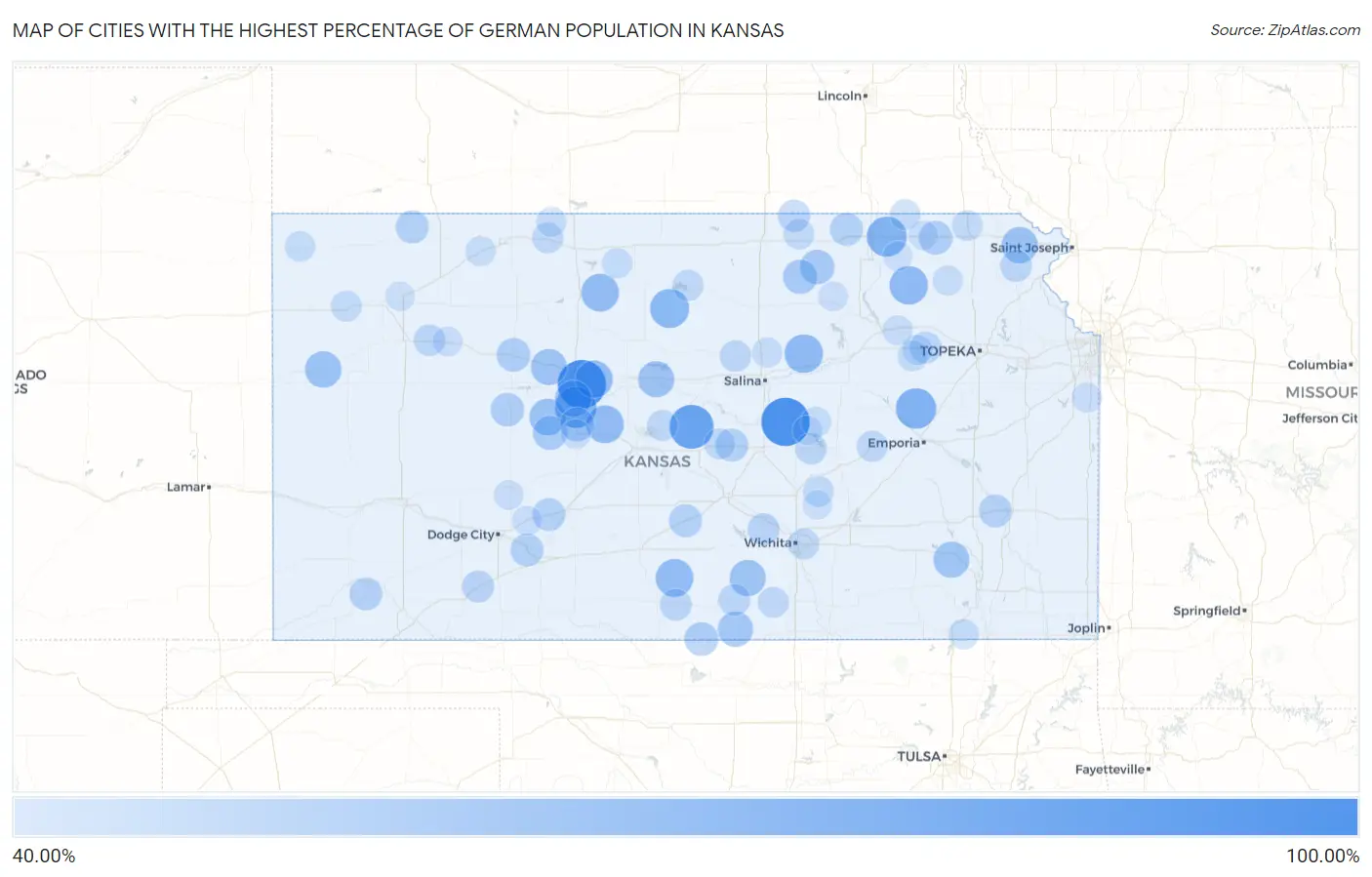 Cities with the Highest Percentage of German Population in Kansas Map