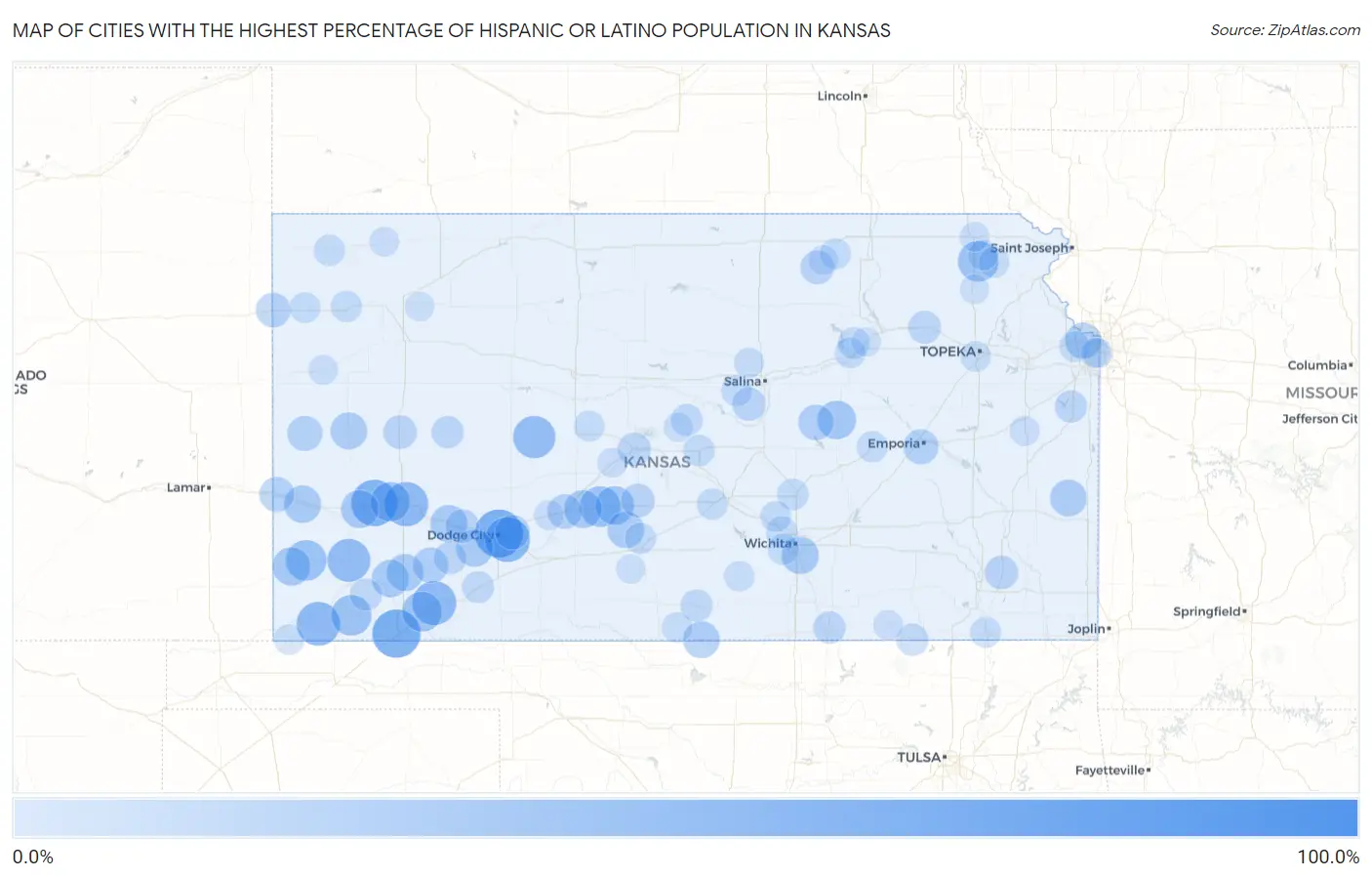 Cities with the Highest Percentage of Hispanic or Latino Population in Kansas Map