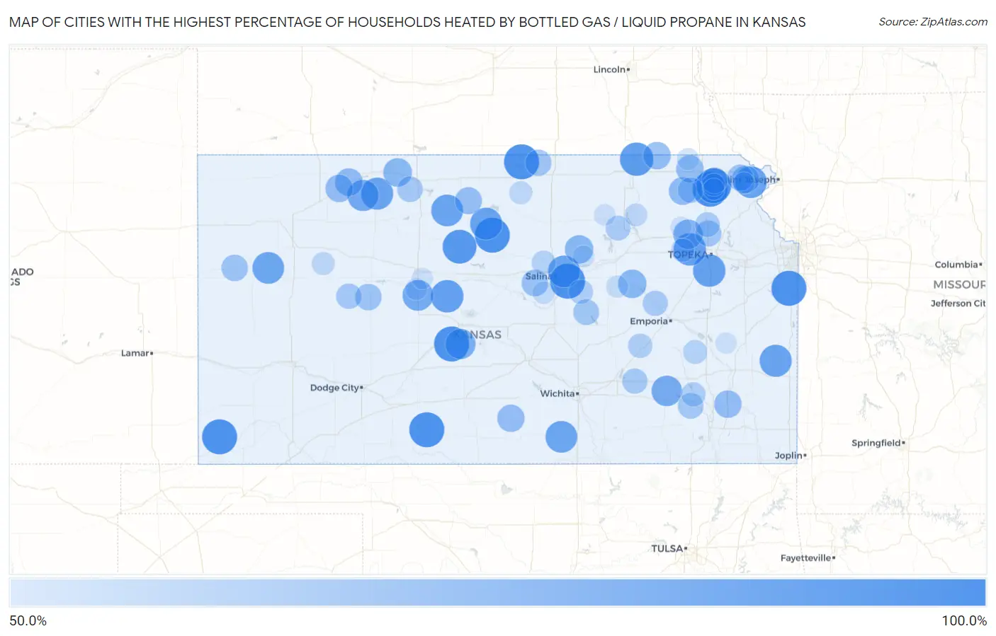 Cities with the Highest Percentage of Households Heated by Bottled Gas / Liquid Propane in Kansas Map