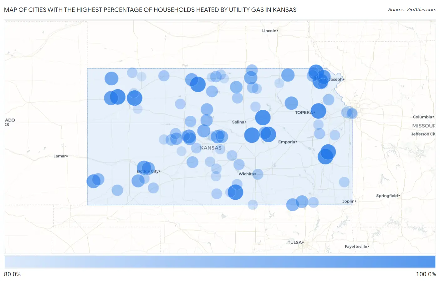 Cities with the Highest Percentage of Households Heated by Utility Gas in Kansas Map
