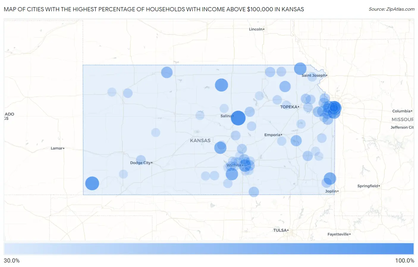 Cities with the Highest Percentage of Households with Income Above $100,000 in Kansas Map