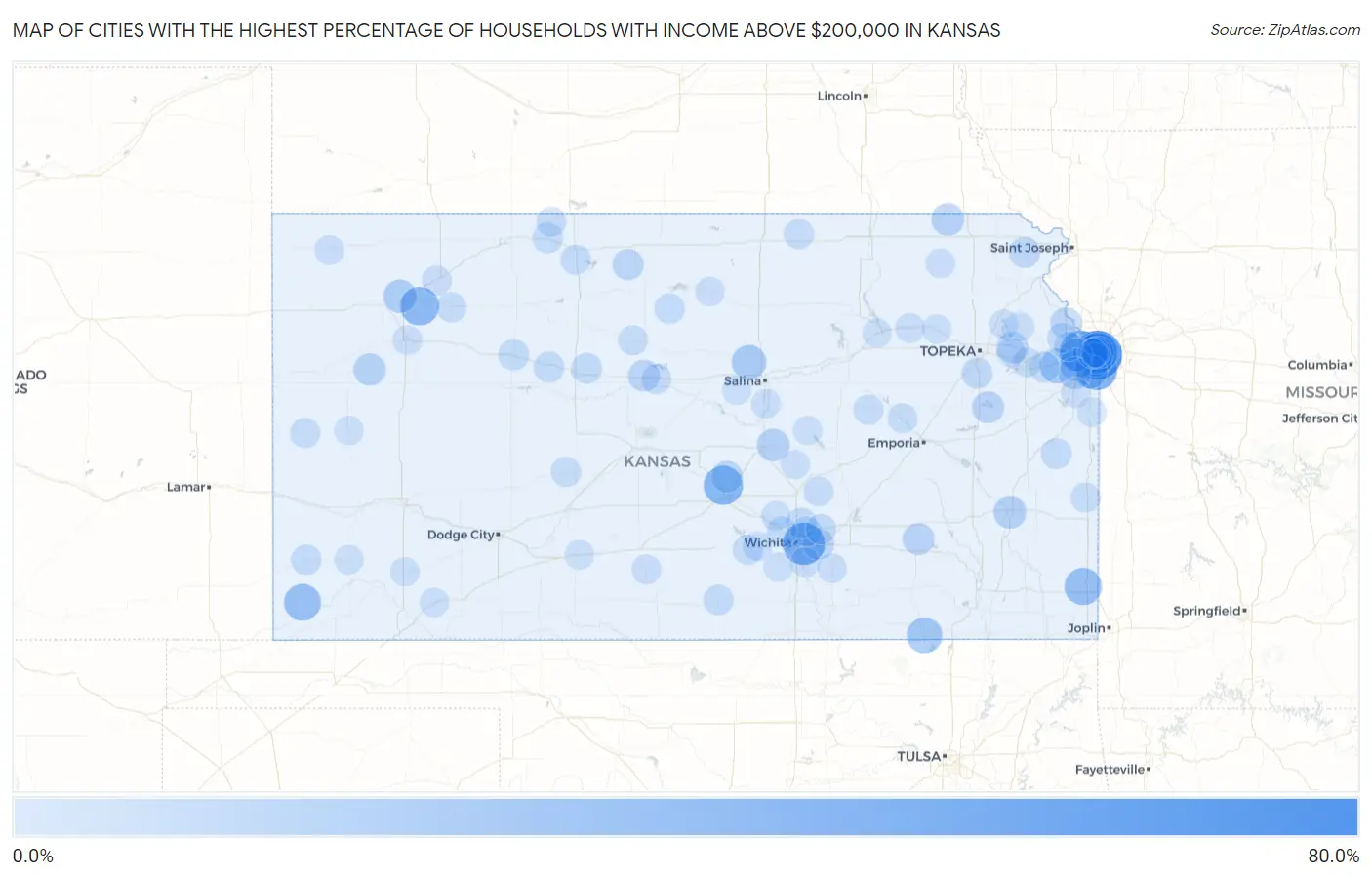 Cities with the Highest Percentage of Households with Income Above $200,000 in Kansas Map