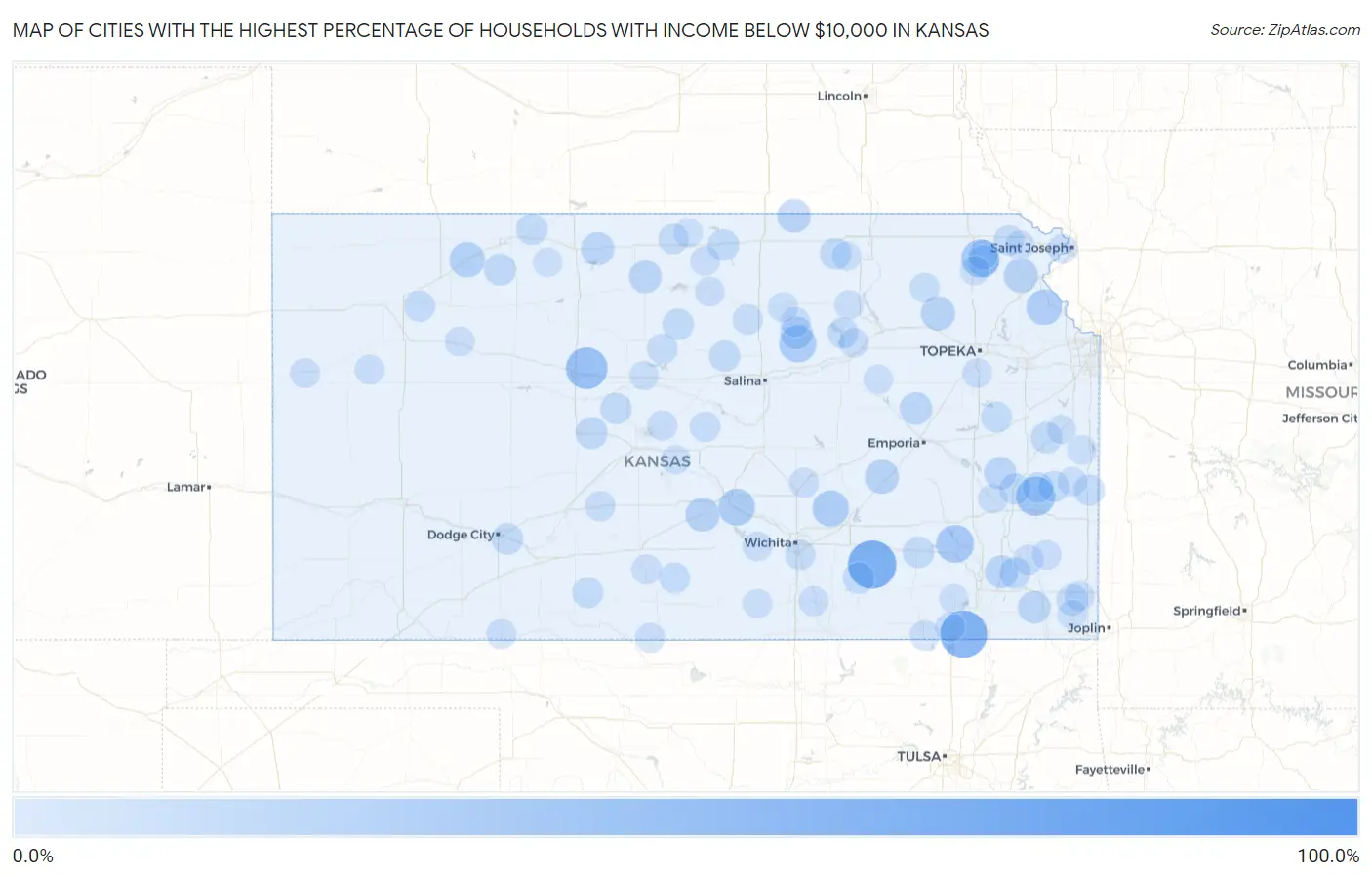 Cities with the Highest Percentage of Households with Income Below $10,000 in Kansas Map