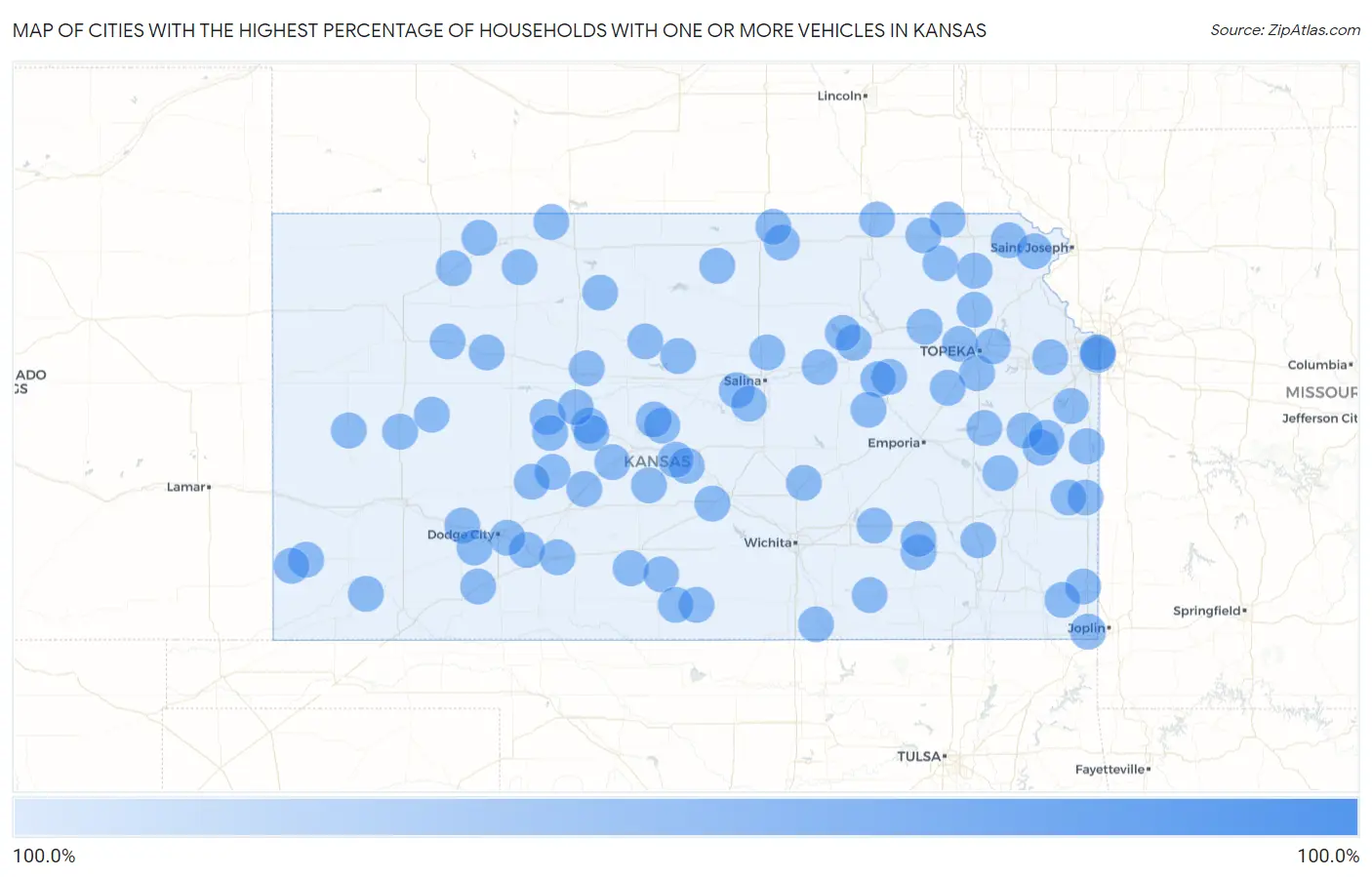 Cities with the Highest Percentage of Households With One or more Vehicles in Kansas Map