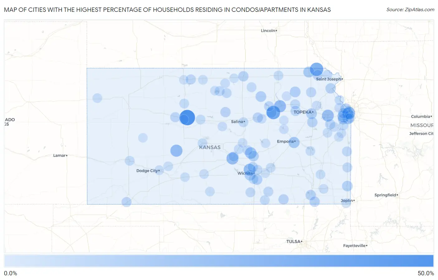 Cities with the Highest Percentage of Households Residing in Condos/Apartments in Kansas Map