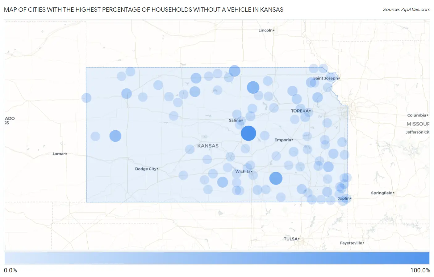 Cities with the Highest Percentage of Households Without a Vehicle in Kansas Map