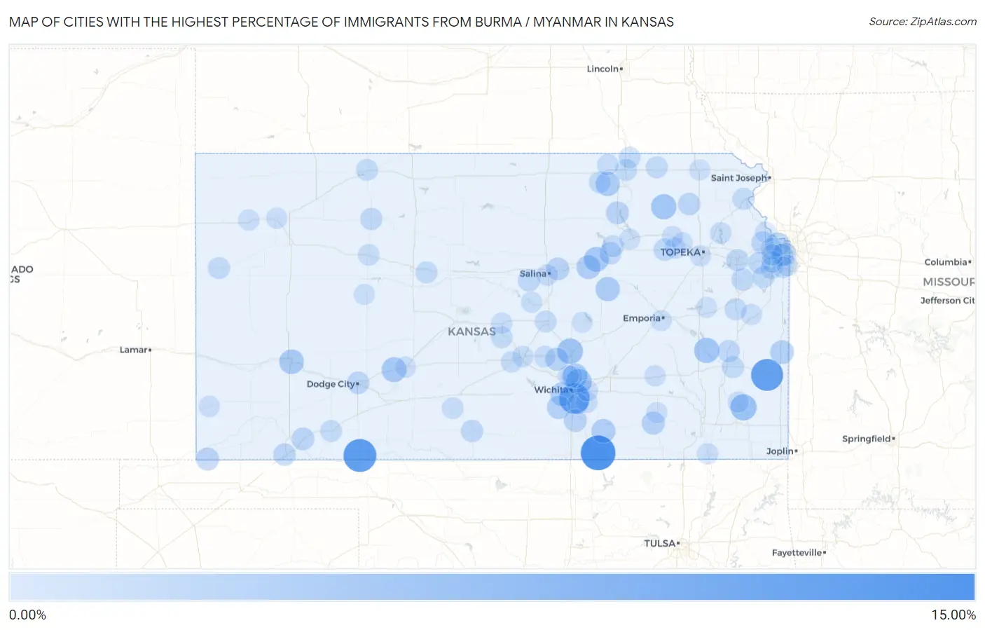 Cities with the Highest Percentage of Immigrants from Burma / Myanmar in Kansas Map